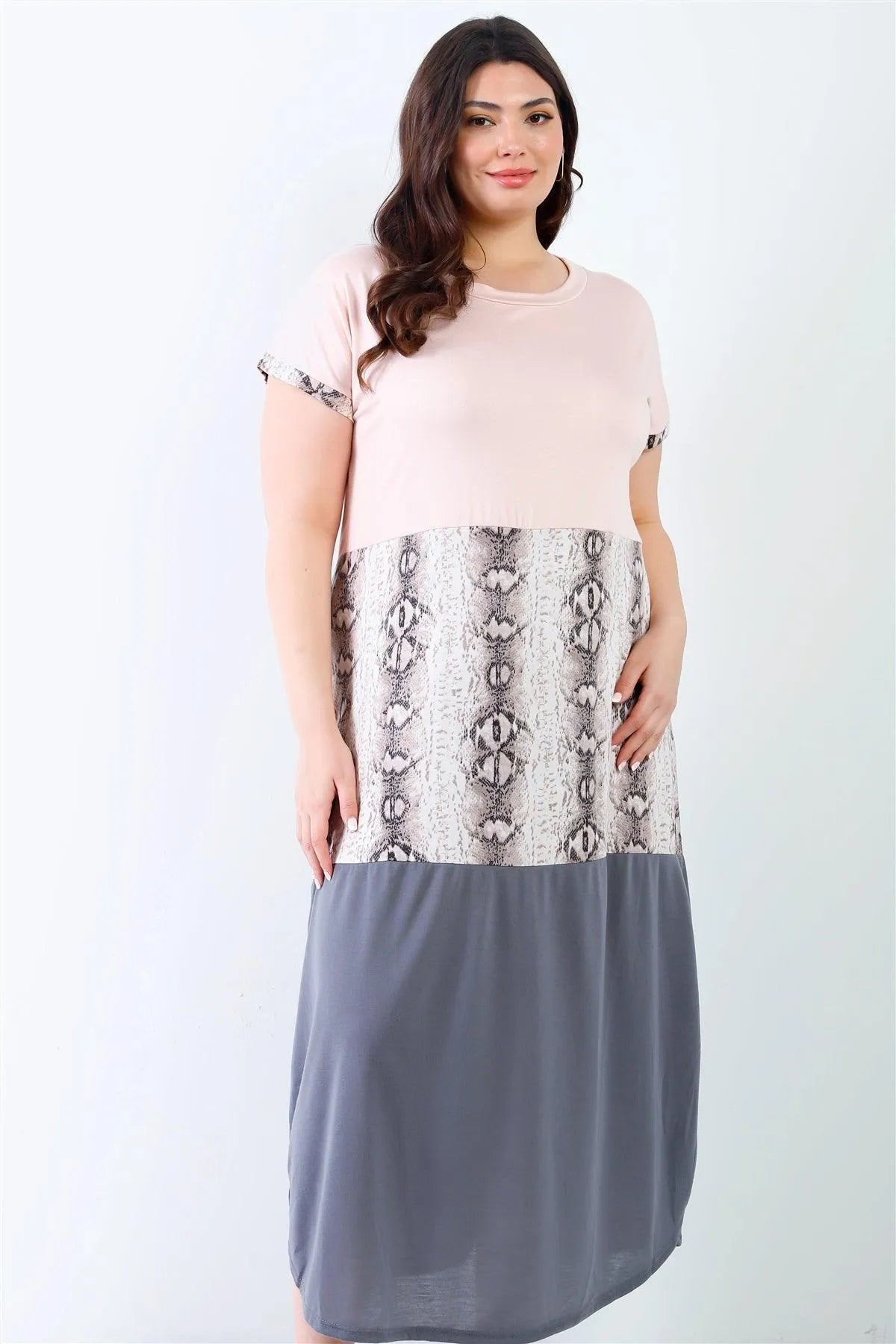 Junior Plus Pink & Charcoal Snake Print Colorblock Maxi Dress /1-2-2 - Tasha Apparel Wholesale