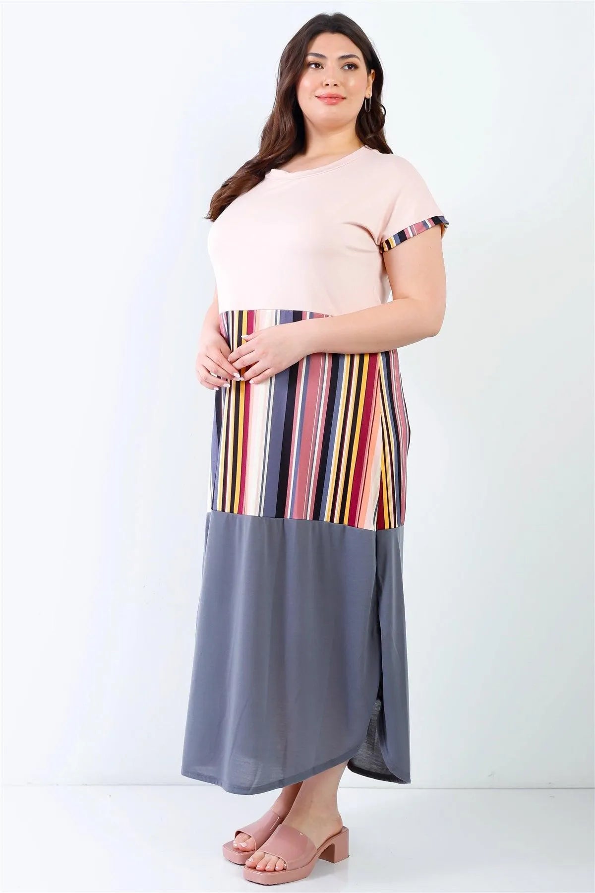 Junior Plus Pink Multi Color Stripe Print Colorblock Maxi Dress /2-2 - Tasha Apparel Wholesale