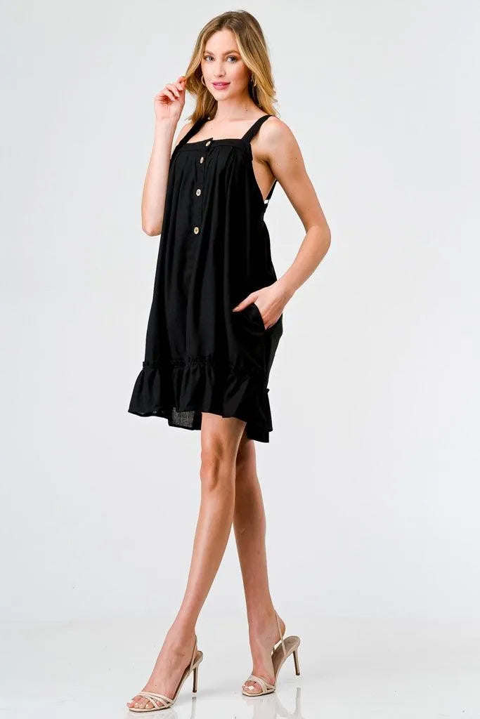 Black Cotton Button-Up Sleeveless Flare Hem Mini Dress /2-2-2 - Tasha Apparel Wholesale