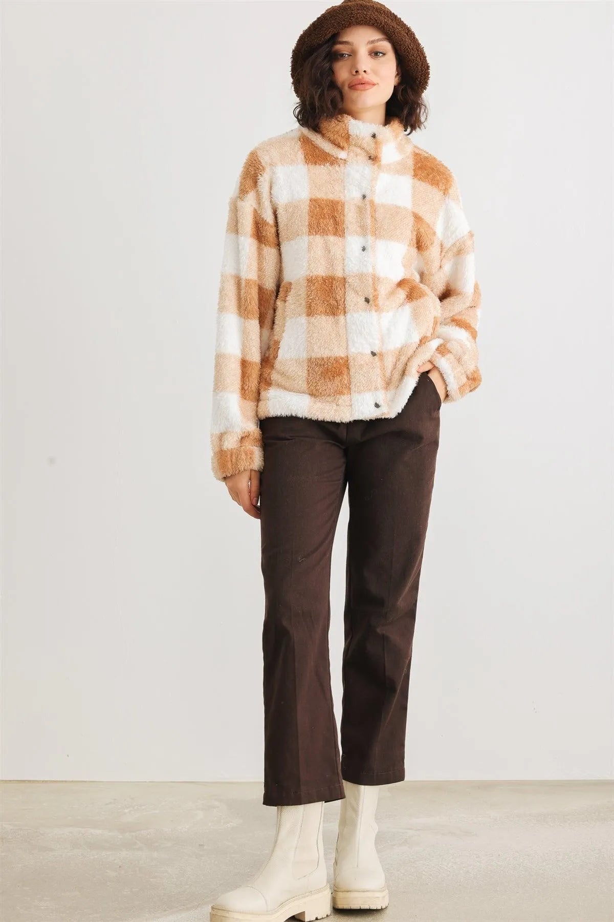 Camel Checkerboard Print Fuzzy Button-Up Two Pocket Jacket /2-2-2 - Tasha Apparel Wholesale
