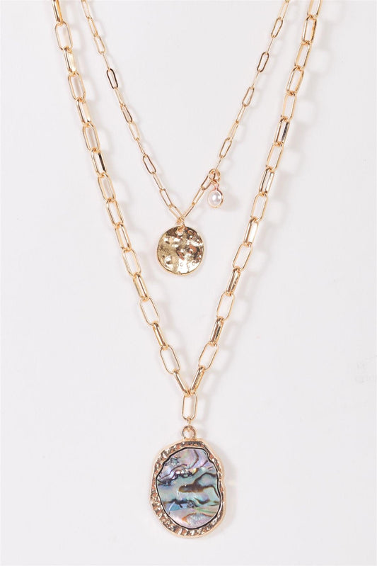Gold Paper Clip Double Chain With Abalone Asymmetrical Circle & Tiny Pearl Pendants Necklace /3 Pieces