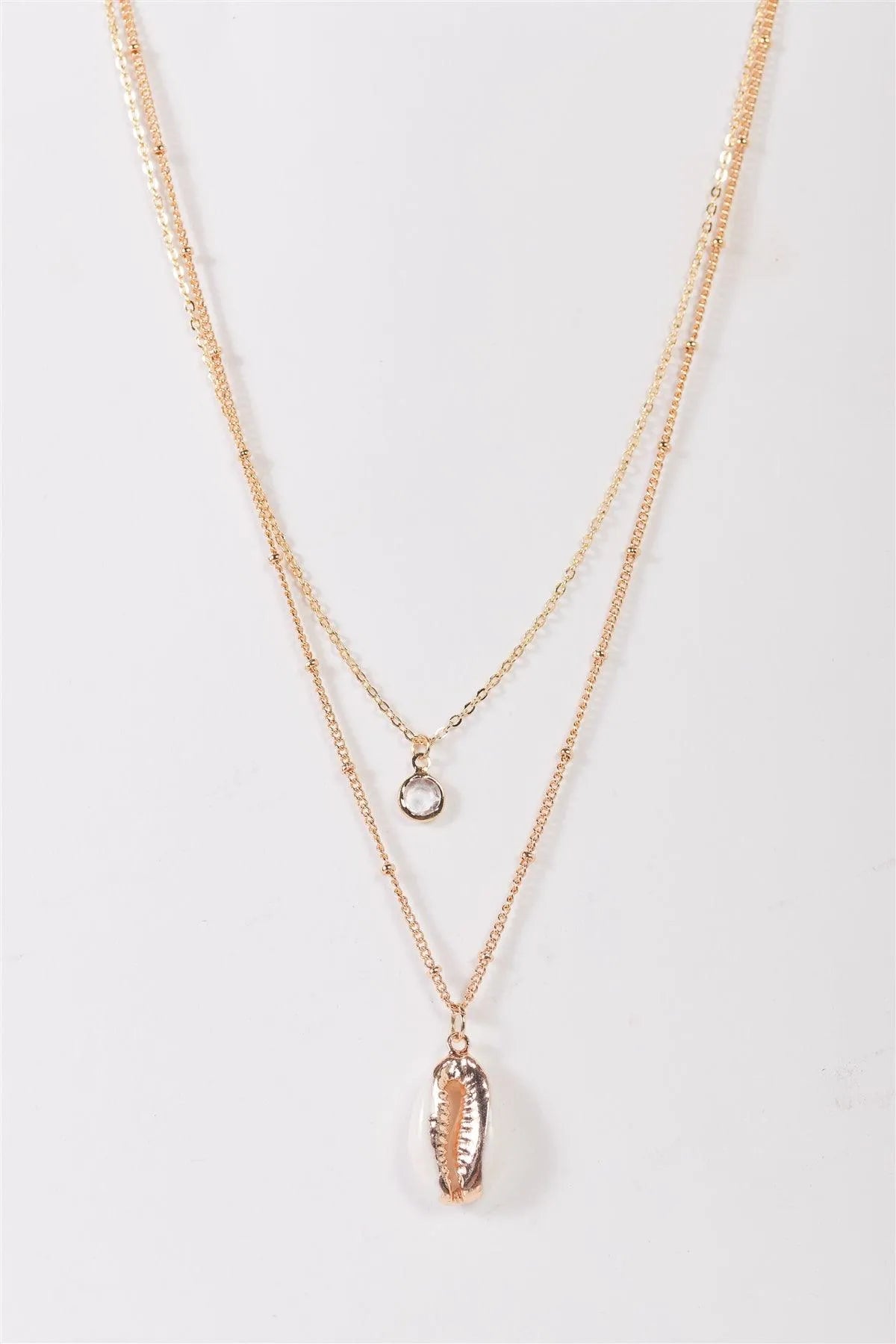 Gold Shell Double Chain Crystal Pendant Necklace - Tasha Apparel Wholesale
