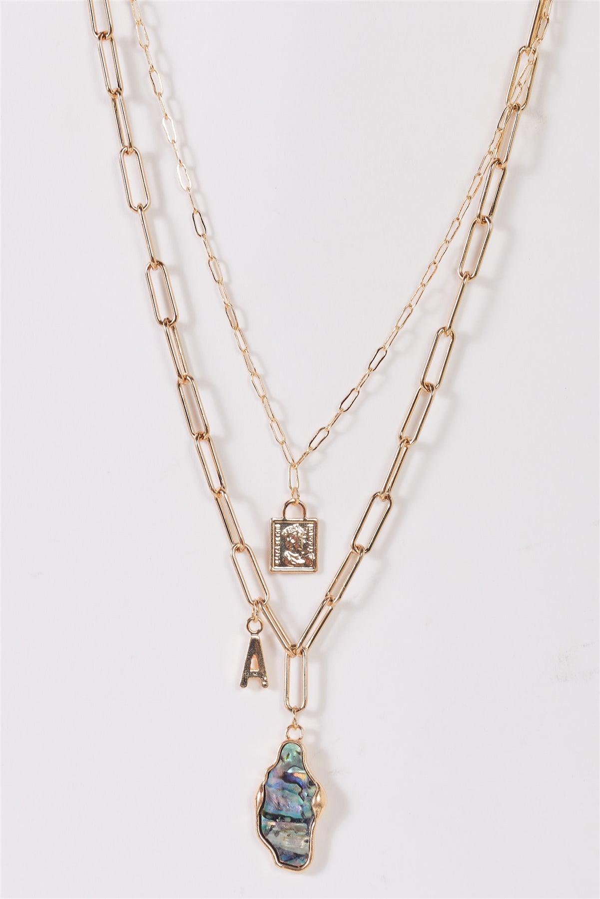 Gold Paper Clip Abalone Pendant Rectangle "A" Letter Charms Necklace - Tasha Apparel Wholesale
