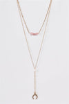 Gold & Pink Double Chain Rose Quartz Detail Crescent Moon Charm Pendant Necklace /3 Pieces