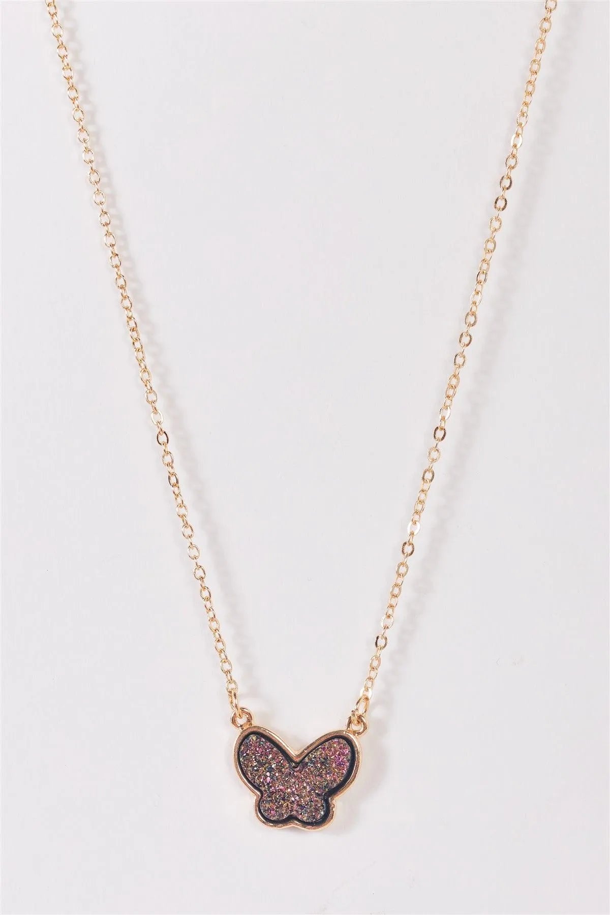 Gold Link Chain Multi Color Glitter Butterfly Pendant Necklace - Tasha Apparel Wholesale