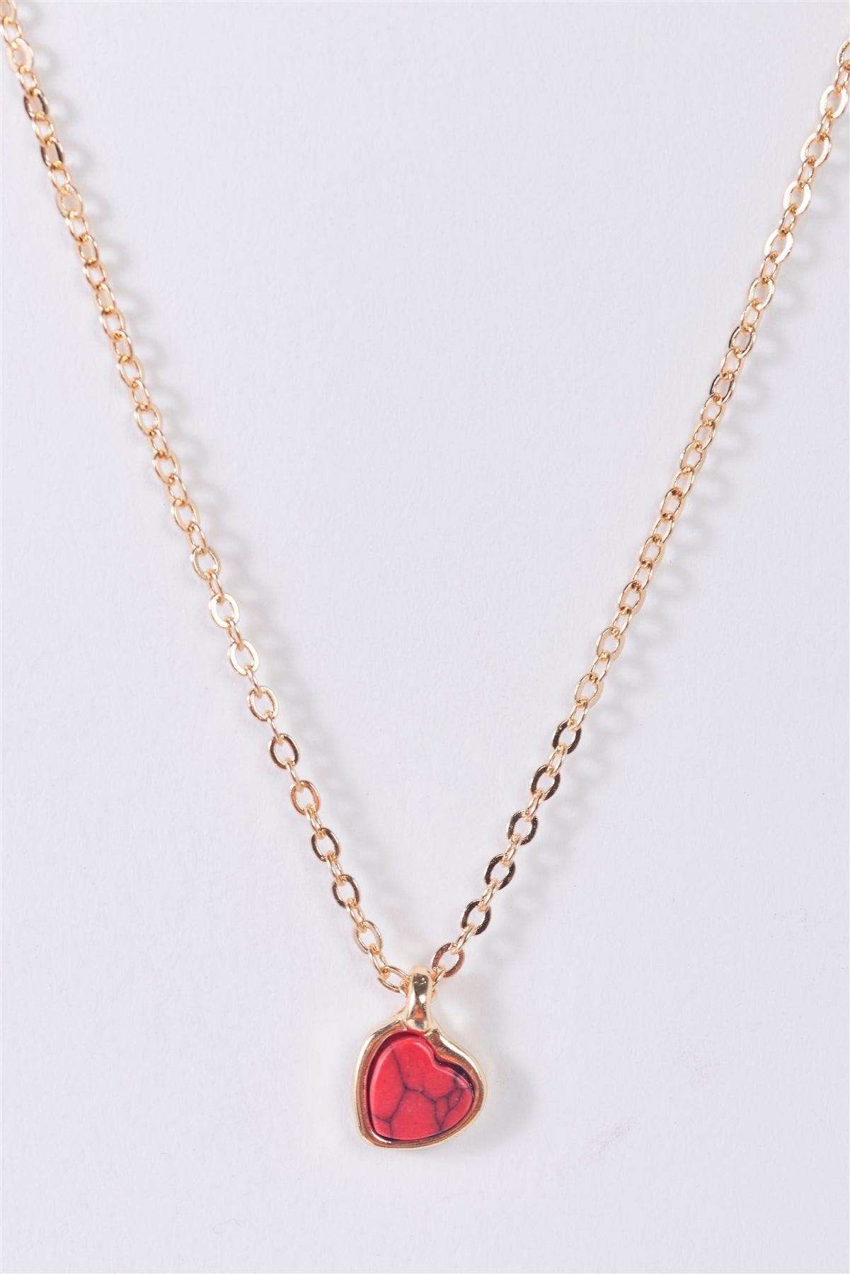 Gold Link Chain With Red Marble Heart Pendant Necklace /3 Pieces