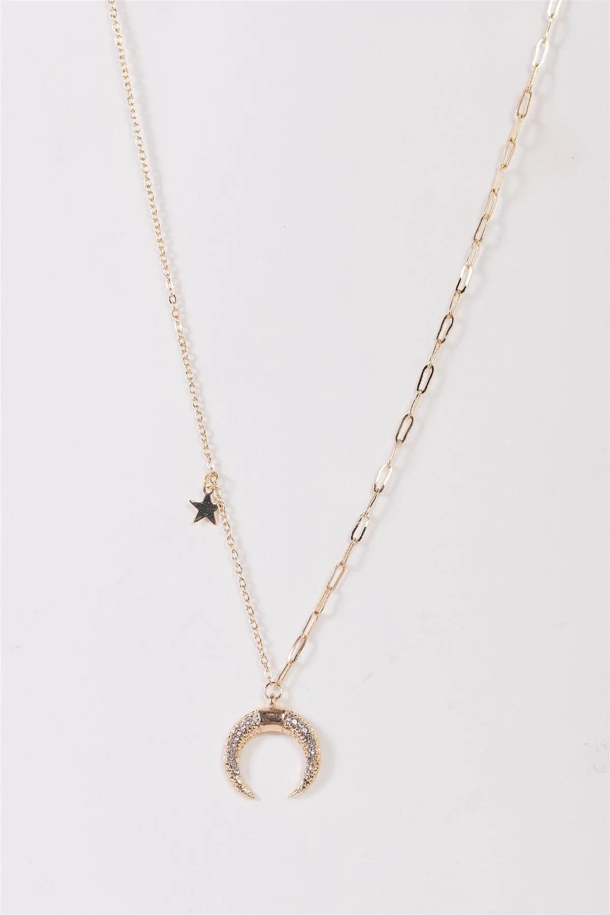 Gold Paper Clip Link Chain Horn Crystals Pendant Star Charm Necklace - Tasha Apparel Wholesale