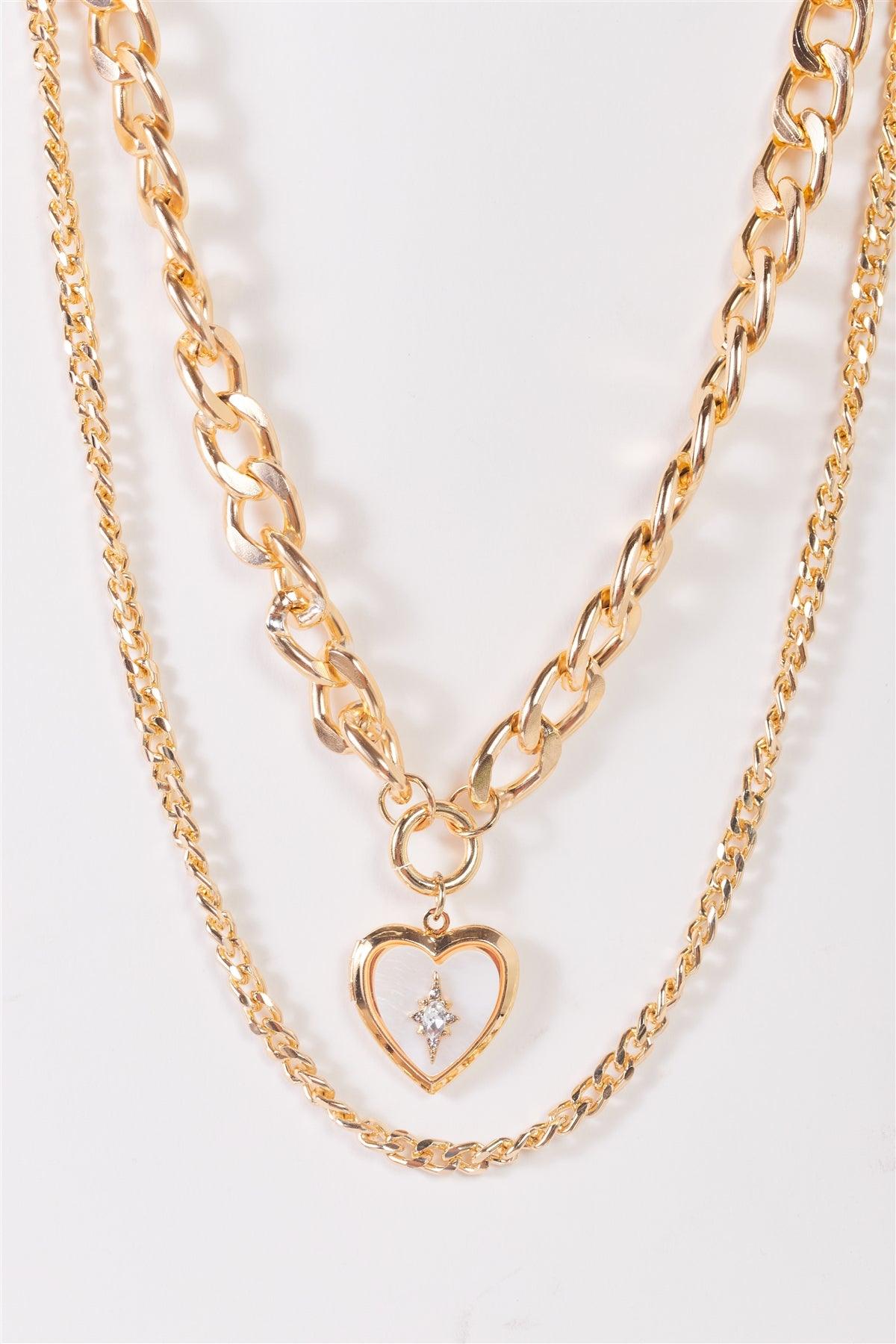 "Sailor Moon" Gold Chunky Link Chain With White Pearl Heart Medallion Set Necklace /3 Pieces