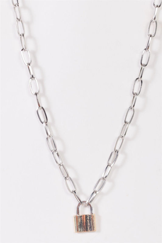 Silver Paper Clip Chain With Gold Padlock Pendant Necklace /3 Pieces