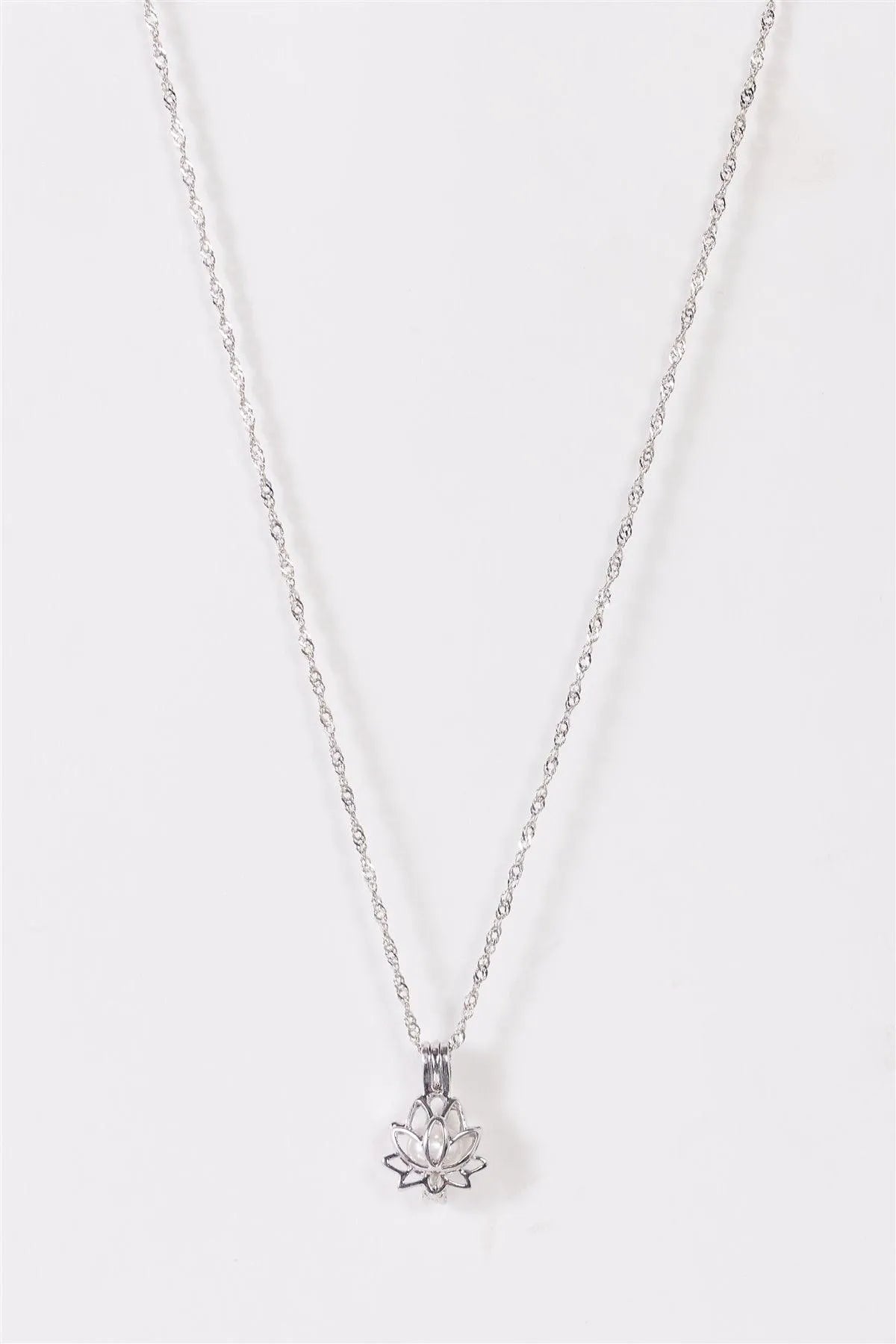 Silver Twisted Chain 3D Lotus Pearl Case Necklace - Tasha Apparel Wholesale