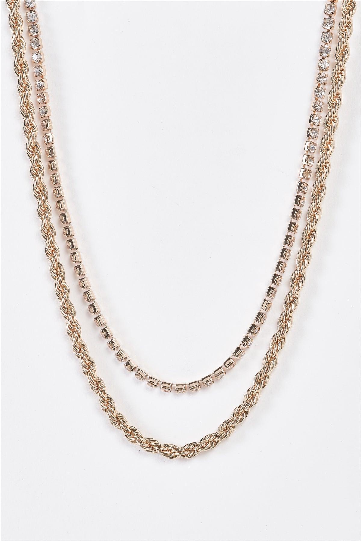 Gold Rope Chain & Rhinestone Double-Chain Necklace /3 Pieces