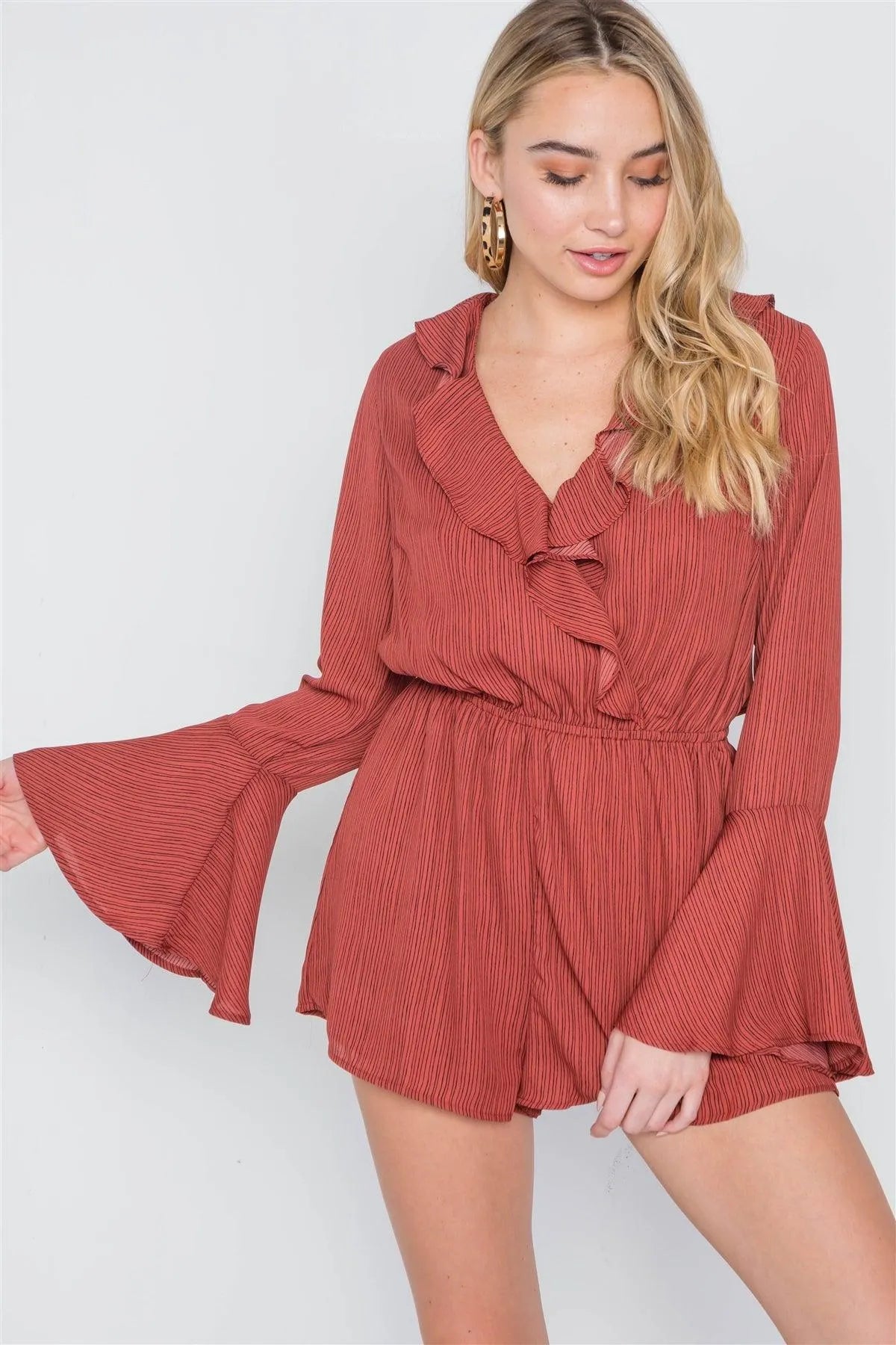 Rust Black Surplice Neck Long Sleeve Romper - Tasha Apparel Wholesale