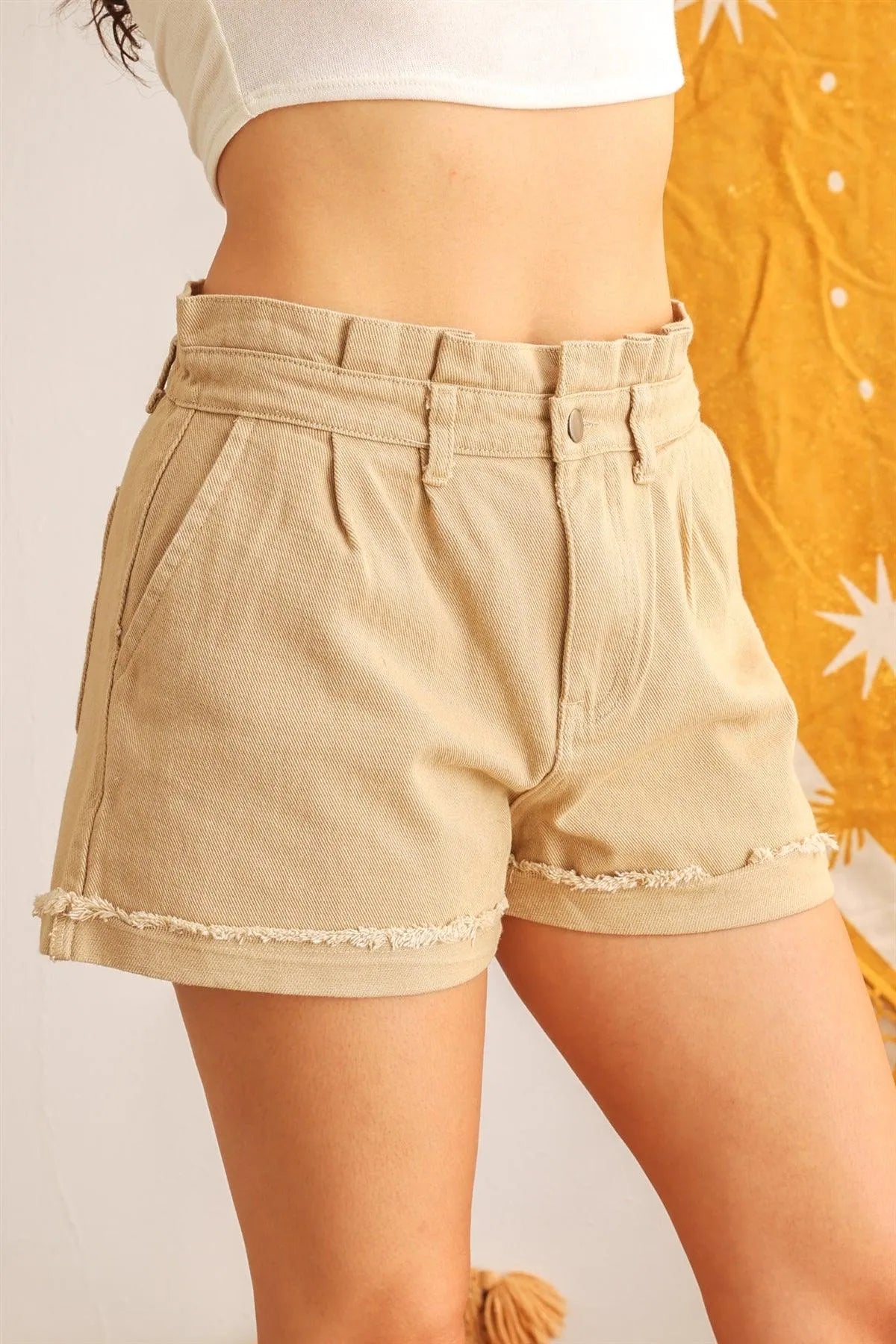 Taupe Cotton High Waist Four Pocket Shorts /2-2-2 - Tasha Apparel Wholesale
