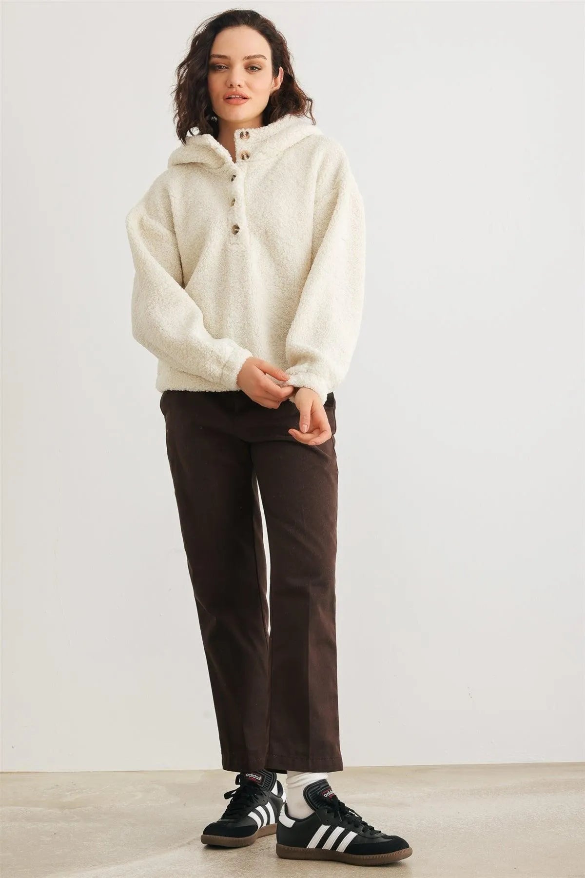 Teddy Knit Button-Up Two Pocket Hooded Sweatshirt - Tasha Apparel Wholesale