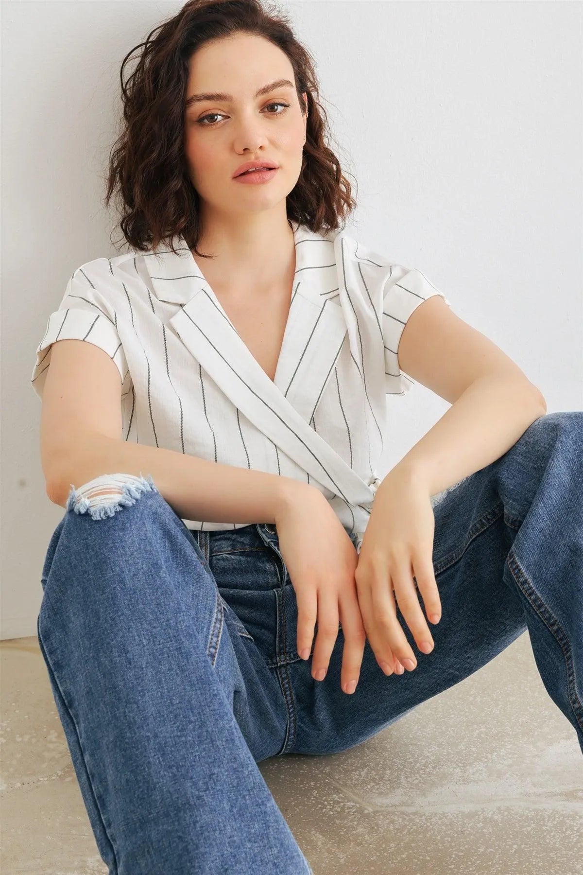 White & Black Striped Collared Wrap Neck Tie Crop Top /2-2-2 - Tasha Apparel Wholesale