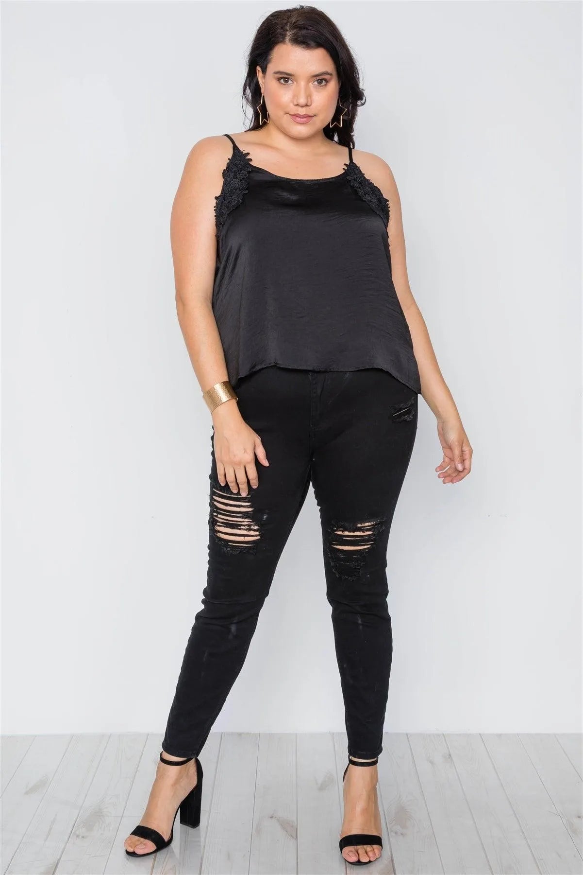 Black Plus Size Floral Crochet Hi-Low Top /2-2-2 - Tasha Apparel Wholesale