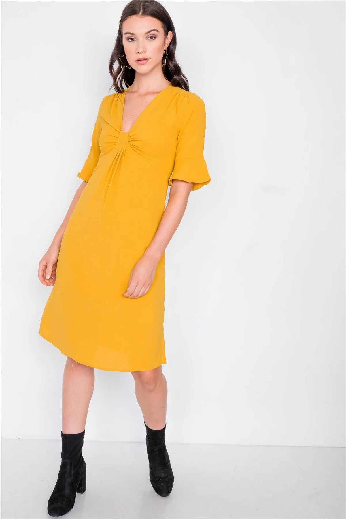 Mustard Front Pleated Bow Midi Low Side Slit Dress /2-2-2 Mustard Front Pleated Bow Midi Low Side Slit Dress /2-2-2