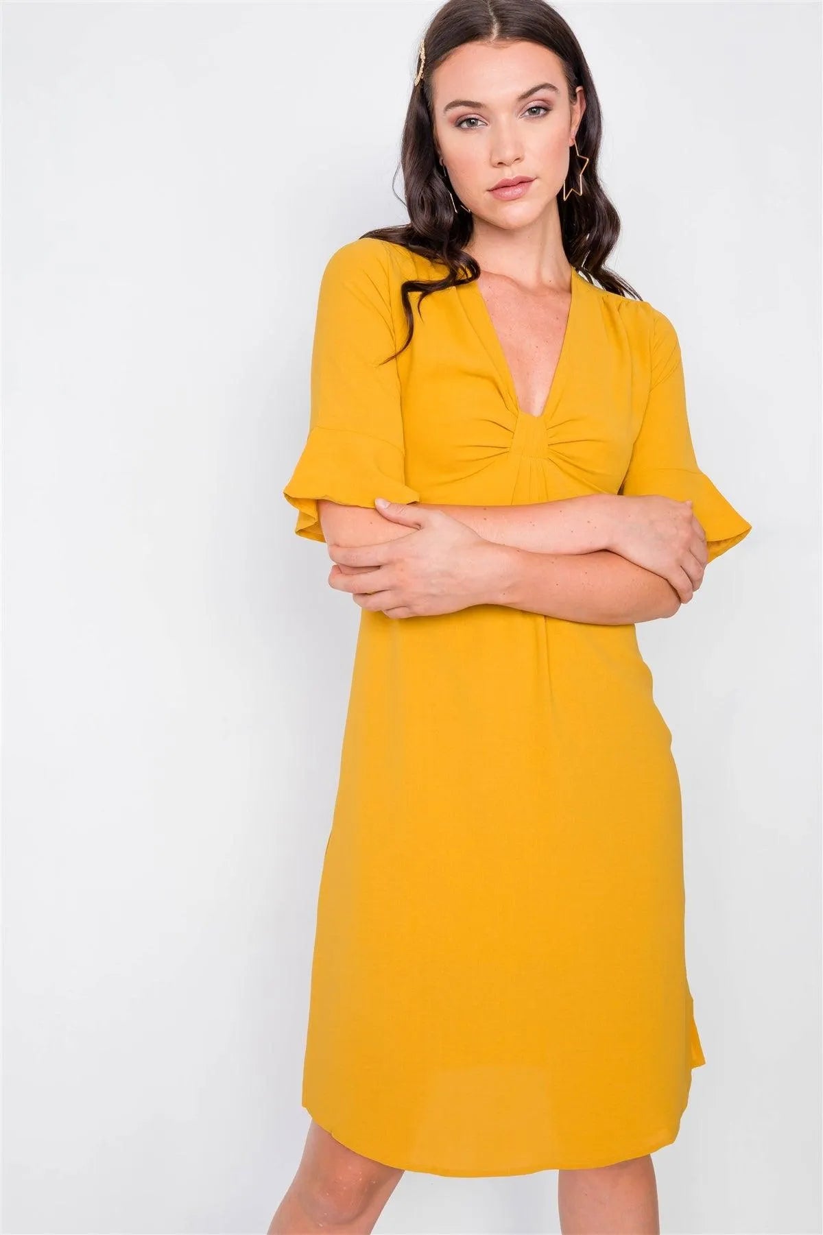 Mustard Front Pleated Bow Midi Low Side Slit Dress /2-2-2 - Tasha Apparel Wholesale
