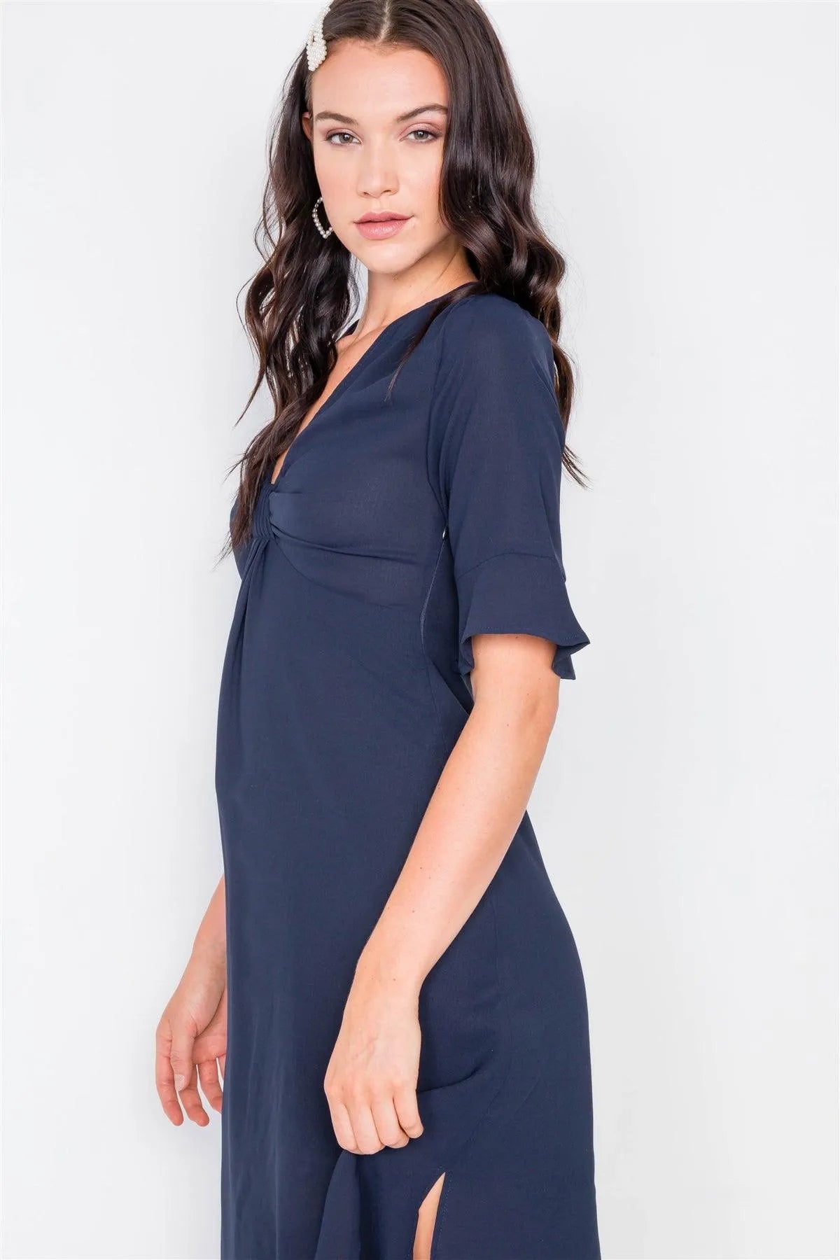 Navy Front Pleated Bow Midi Low Side Slit Dress /2-2-2 - Tasha Apparel Wholesale