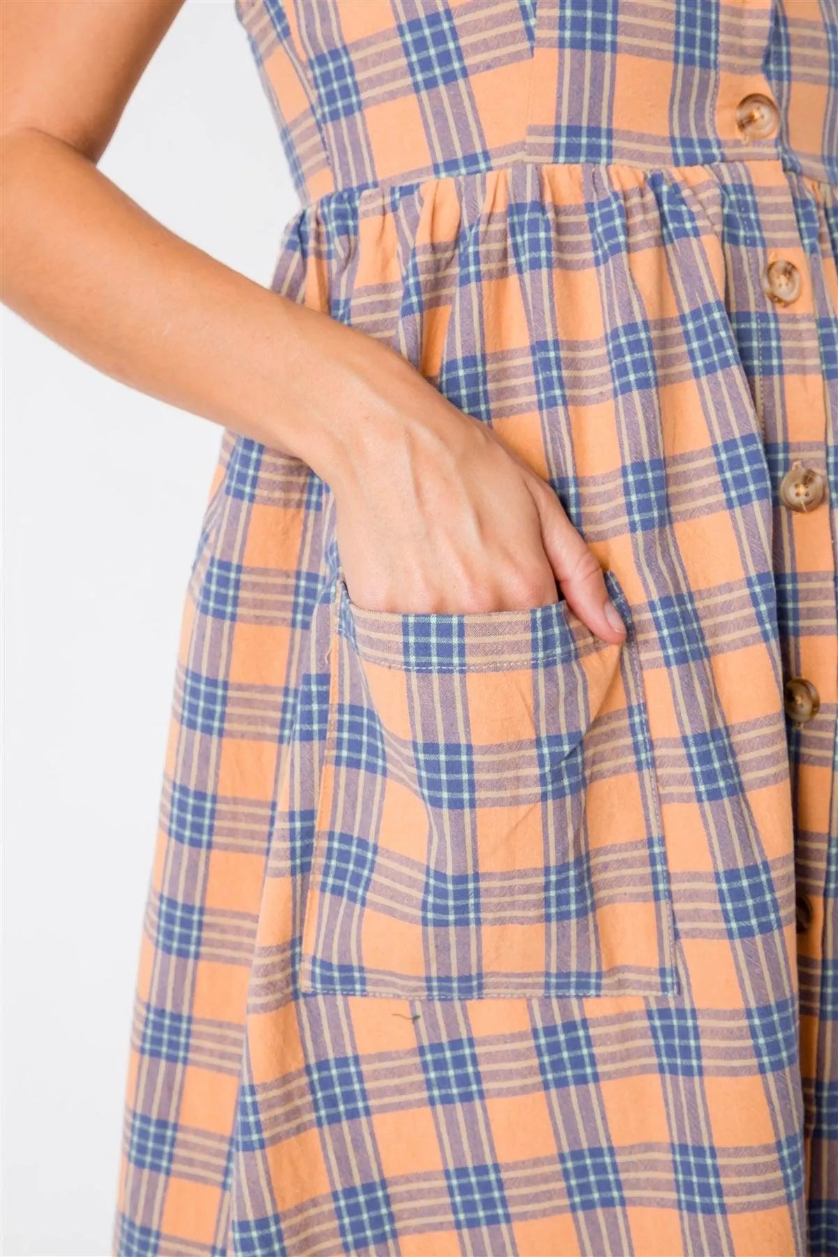 Orange Plaid V-Neck Midi Dress /2-2-2 - Tasha Apparel Wholesale