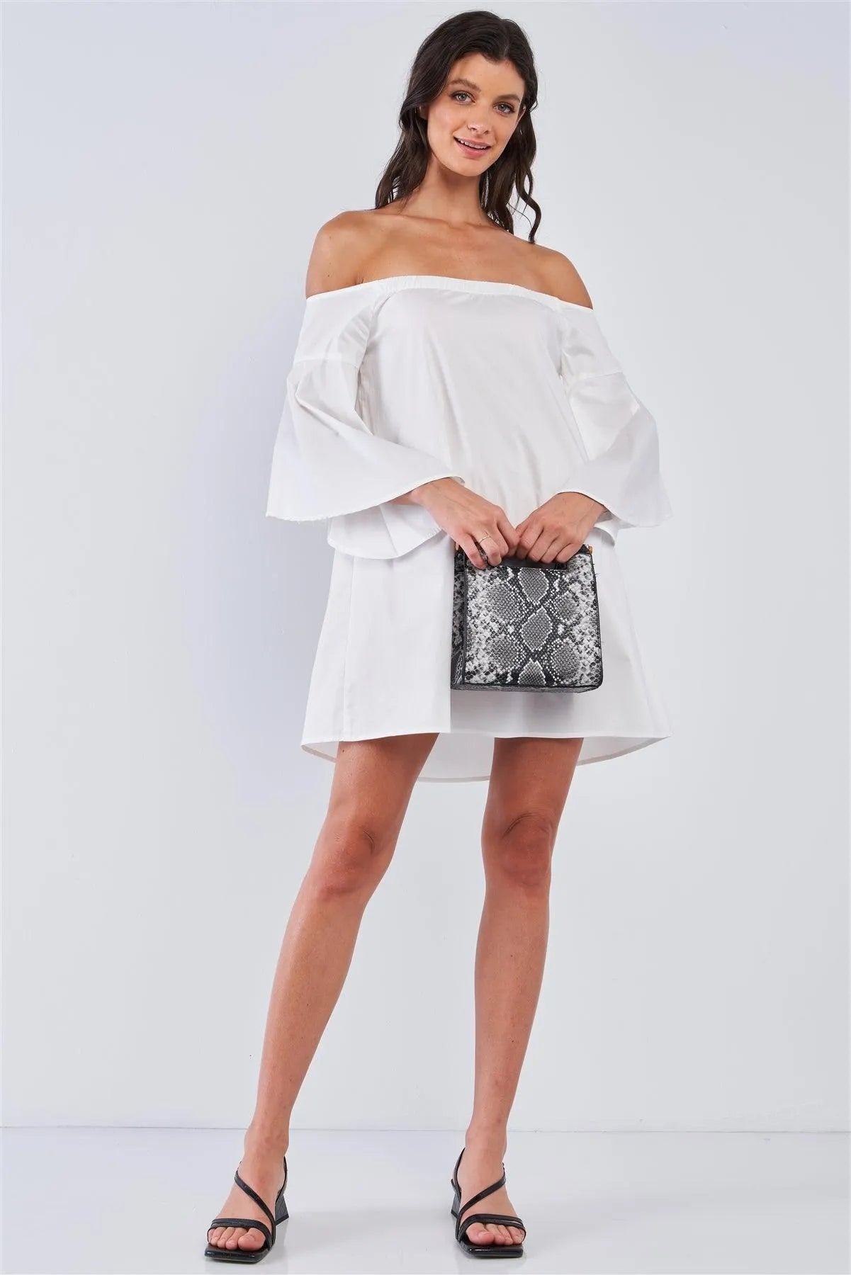 Ivory Minimalistic Relaxed Fit Off-The-Shoulder Angel Midi Sleeve Tunic Mini Dress /1-2-2-1 - Tasha Apparel Wholesale