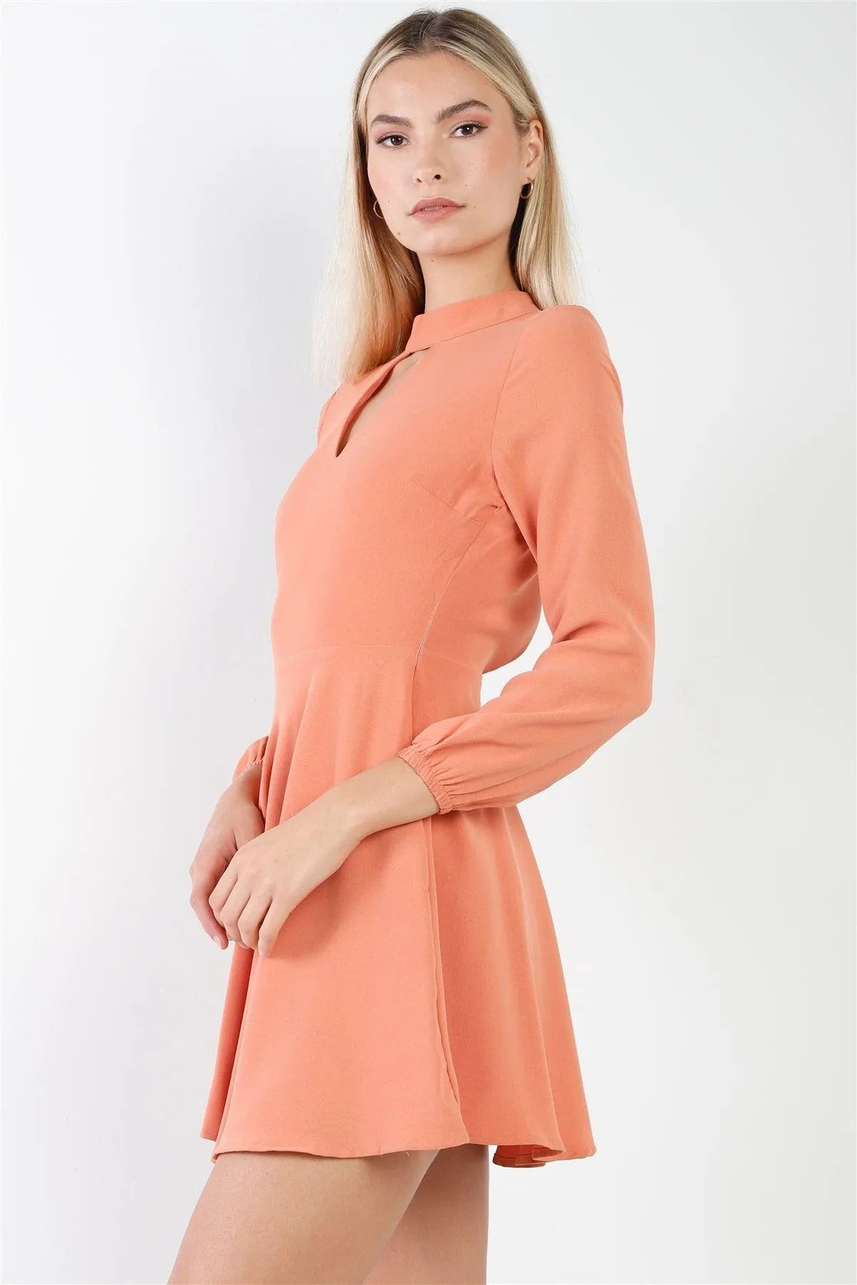Brick Coral Long Sleeve Open Back A-Line Flare Mini Dress /1-2-1 - Tasha Apparel Wholesale
