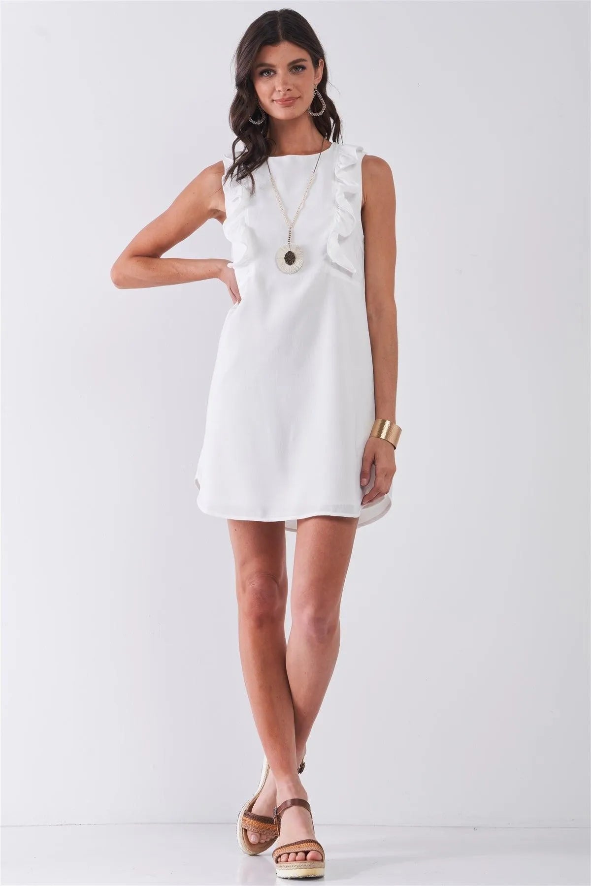 Ivory Round Neck Sleeveless Ruffle Front Loose Fit Mini Dress /2-1-1 - Tasha Apparel Wholesale