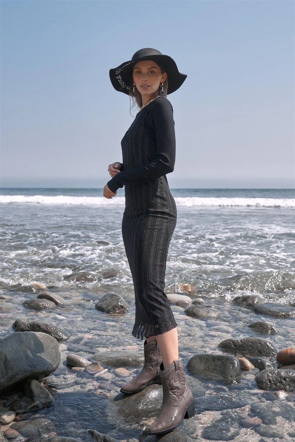Silver Mist Black Striped V-Neck Long Sleeve Fitted Mesh Two-Piece Maxi Dress /1-2-2-1 - Tasha Apparel Wholesale