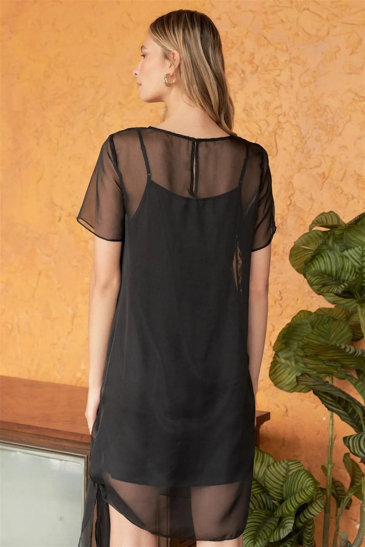 Black Organza Short Sleeve Round Neck Straight Cut Self-Tie Side Detail Knee Length Dress /3-2 - Tasha Apparel Wholesale