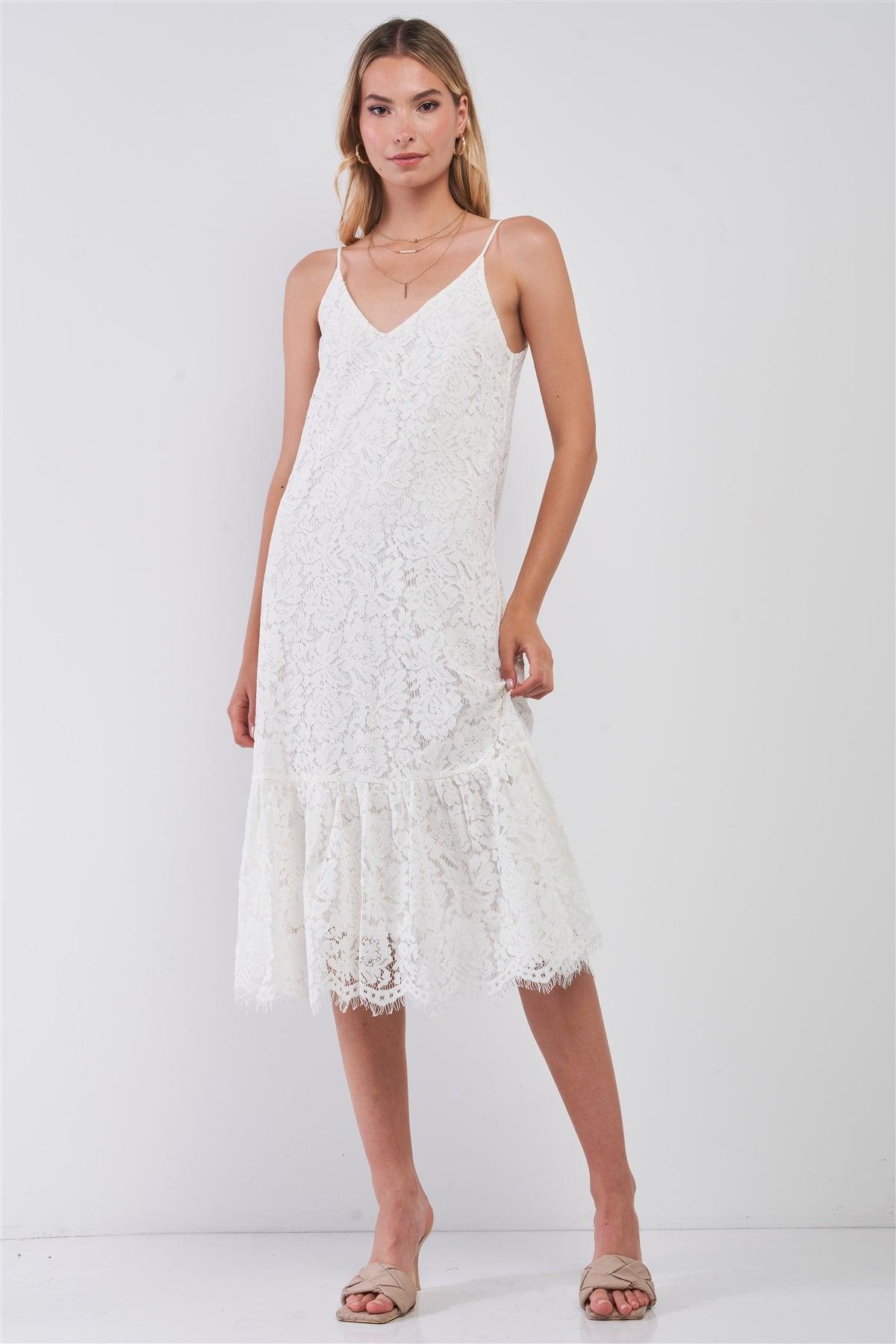White Lace Embroidery V-Neck Sleeveless Midi Dress