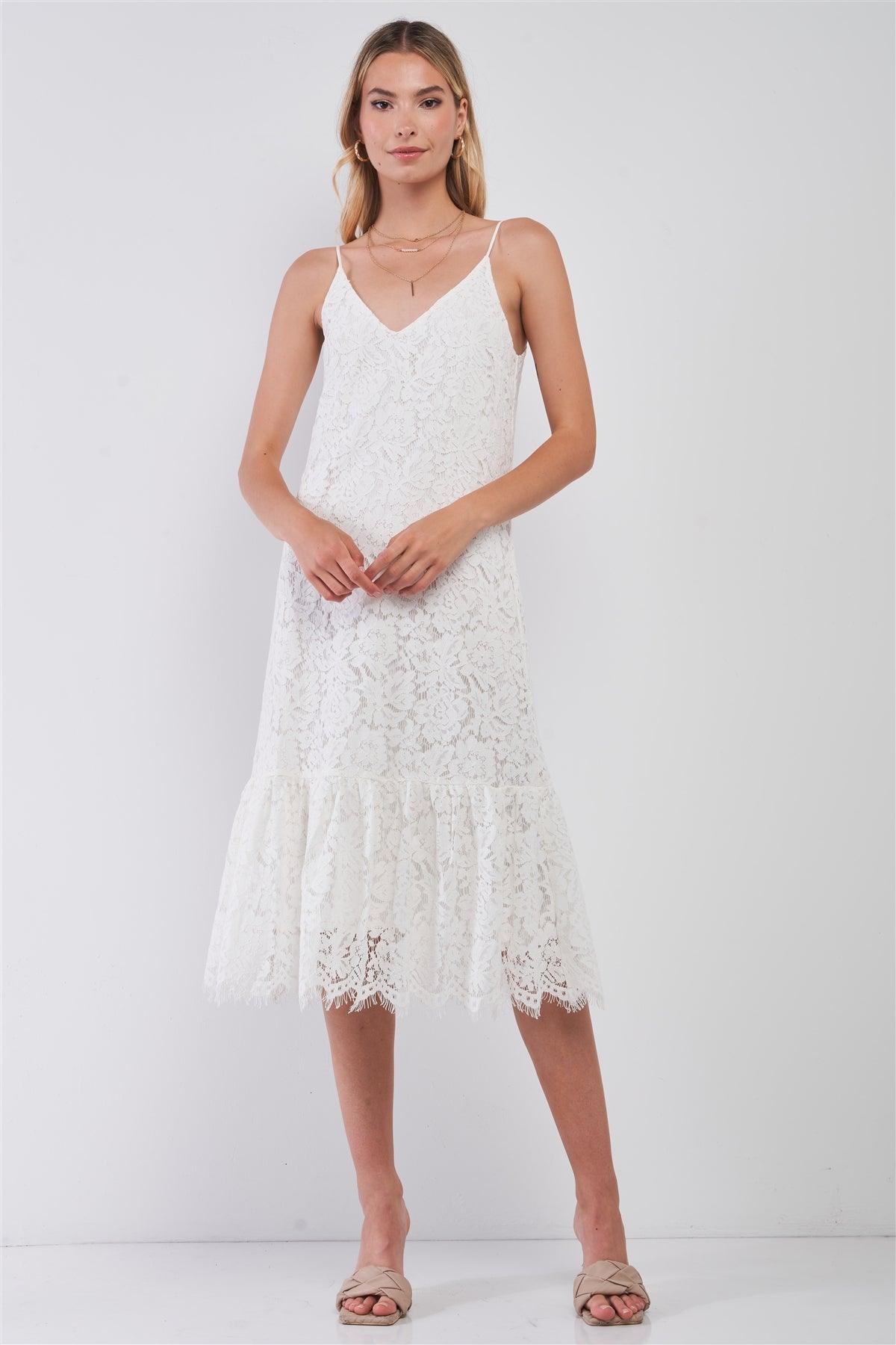 White Lace Embroidery V-Neck Sleeveless Midi Dress
