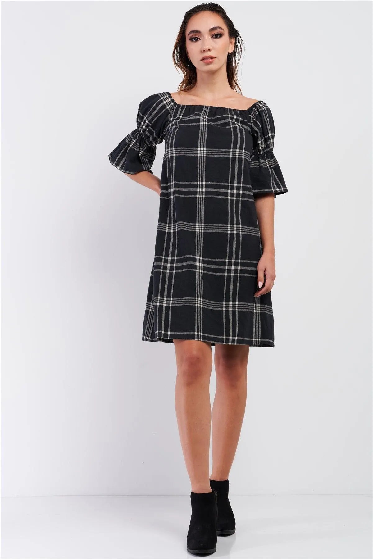 Washed Black Plaid Print Square Neck Balloon Puff Sleeve Relaxed Mini Dress /3-3 - Tasha Apparel Wholesale