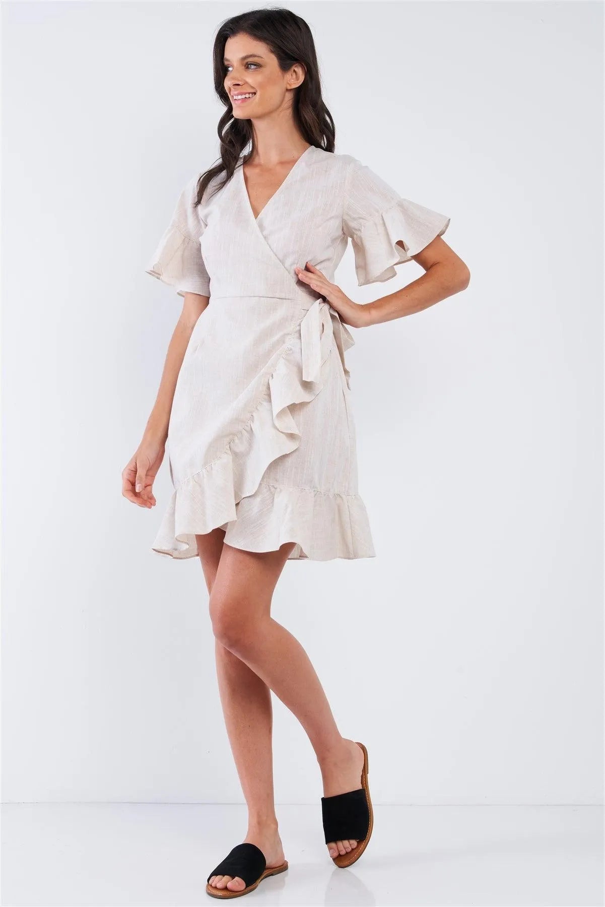 Tan Beige Deep Plunge V-Neck Ruffle Hem Self-Tie Waist Wrap Mini Dress /1-2-3 - Tasha Apparel Wholesale