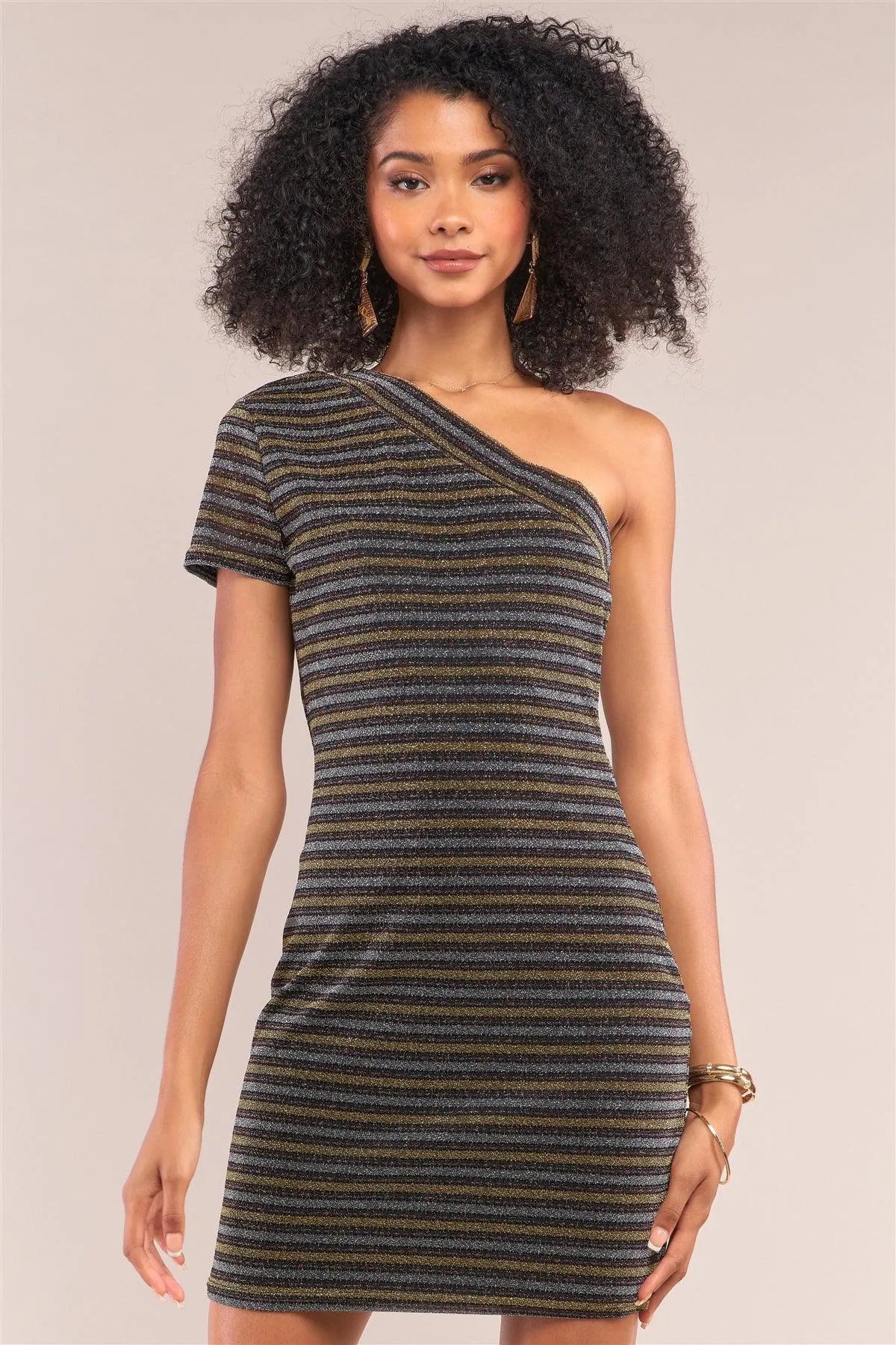 Multi Color Disco Striped One-Shoulder Short Sleeve Fitted Mini Dress /1-2-2-1 - Tasha Apparel Wholesale