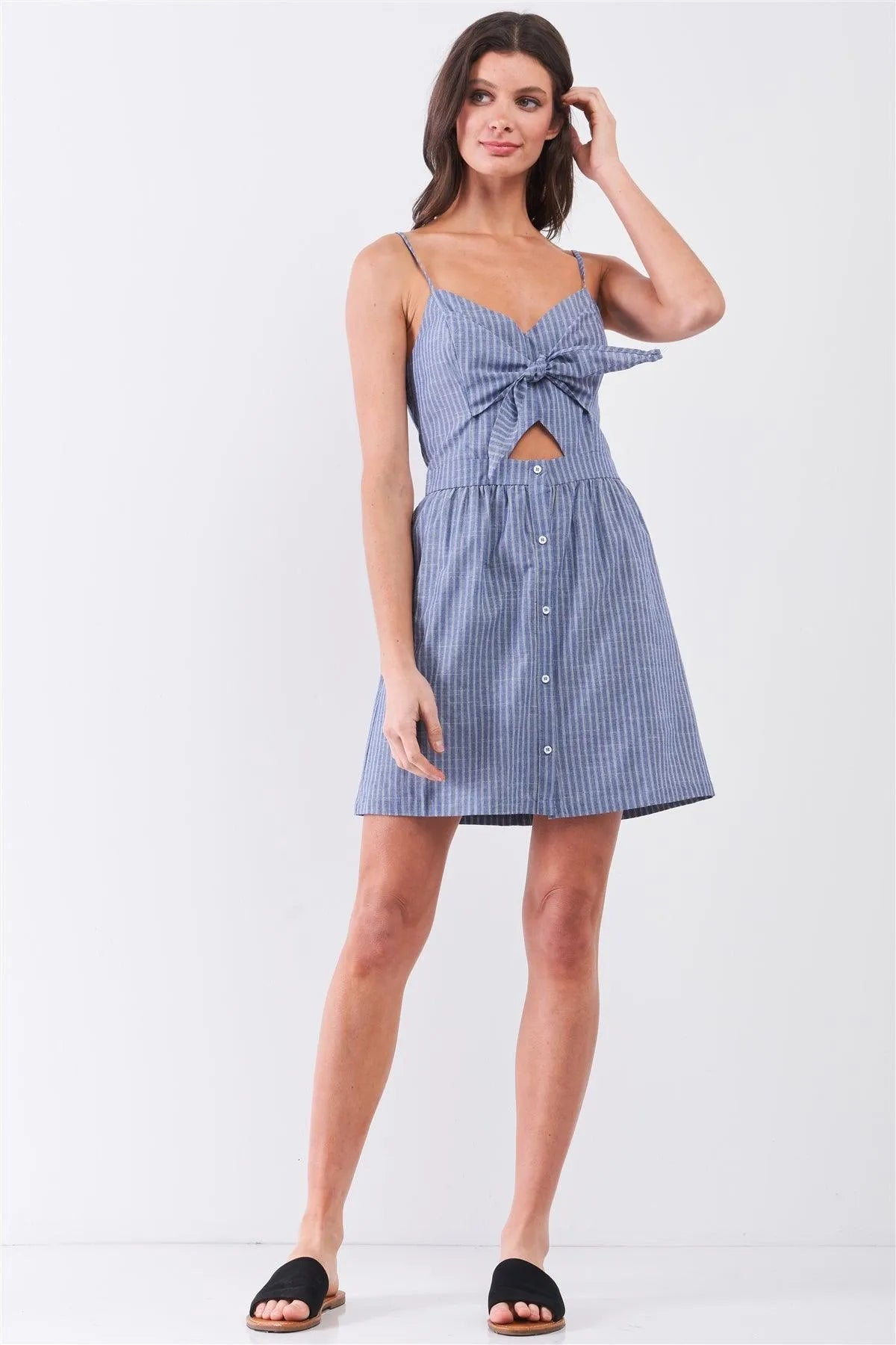 Wholesale Blue & White Striped Sleeveless V-Neck Self-Tie Front Cut-Out