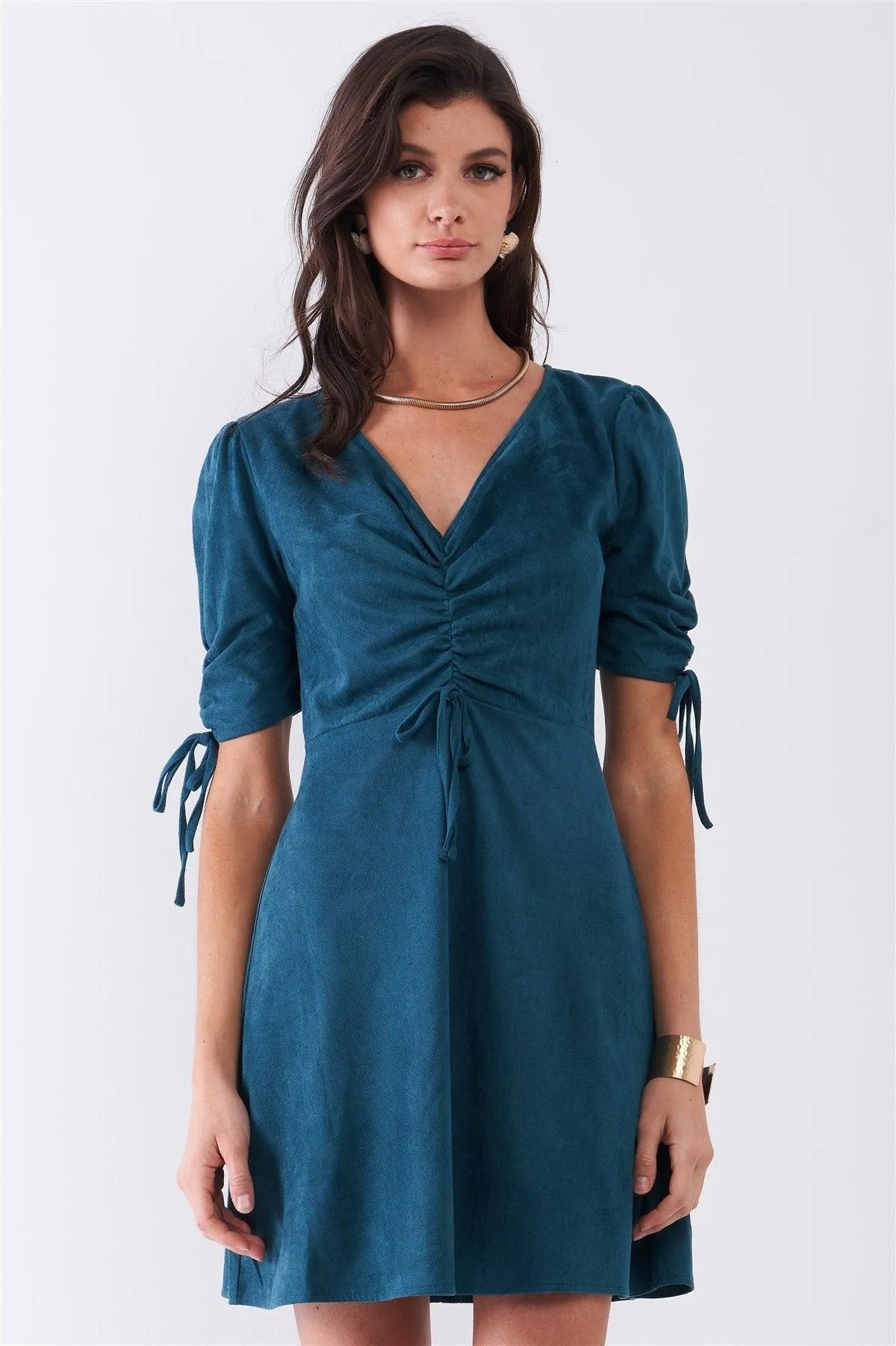 Emerald Green Suede Deep Plunge V-Neck Gathered Detail Tight Fit Mini Dress /1-1-2-1-1 Emerald Green Suede Deep Plunge V-Neck Gathered Detail Tight Fit Mini Dress /1-1-2-1-1
