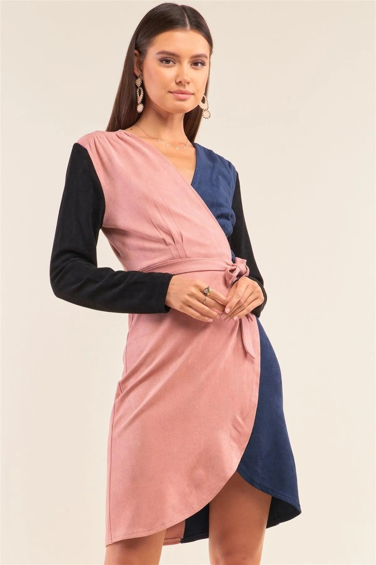 Color Block Suede Long Sleeve V-Neck Wrap Self-Tie Waist Tight Fit Statement Dress /2-1-3 - Tasha Apparel Wholesale