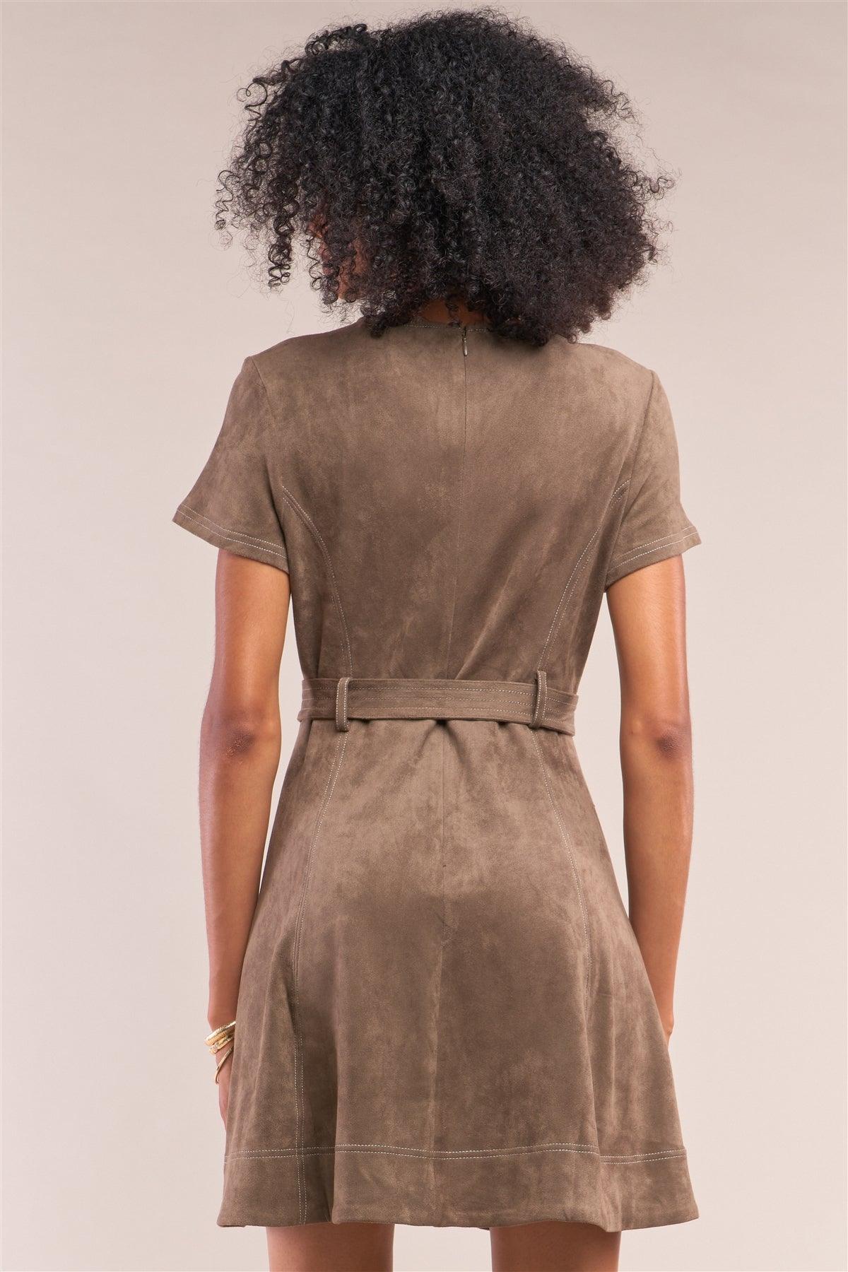 Olive Suede V-Neck Tight Fit D-Ring Buckle Belt Detail Mini Dress
