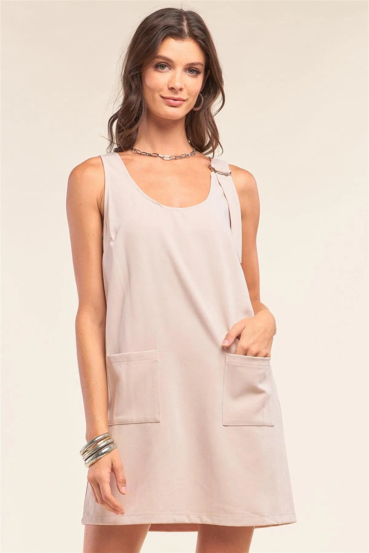 Pastel Nude Sleeveless Scoop Neck D-Ring Strap Detail Front Pockets Tube Mini Dress /1-2-2 - Tasha Apparel Wholesale