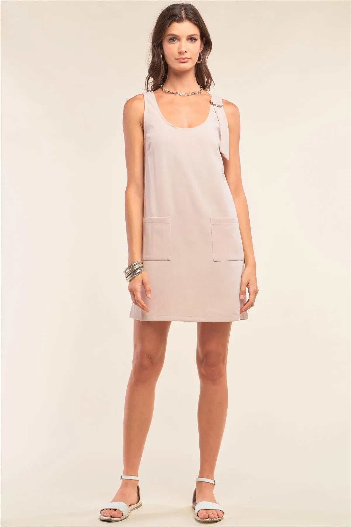 Pastel Nude Sleeveless Scoop Neck D-Ring Strap Detail Front Pockets Tube Mini Dress /3-3 - Tasha Apparel Wholesale