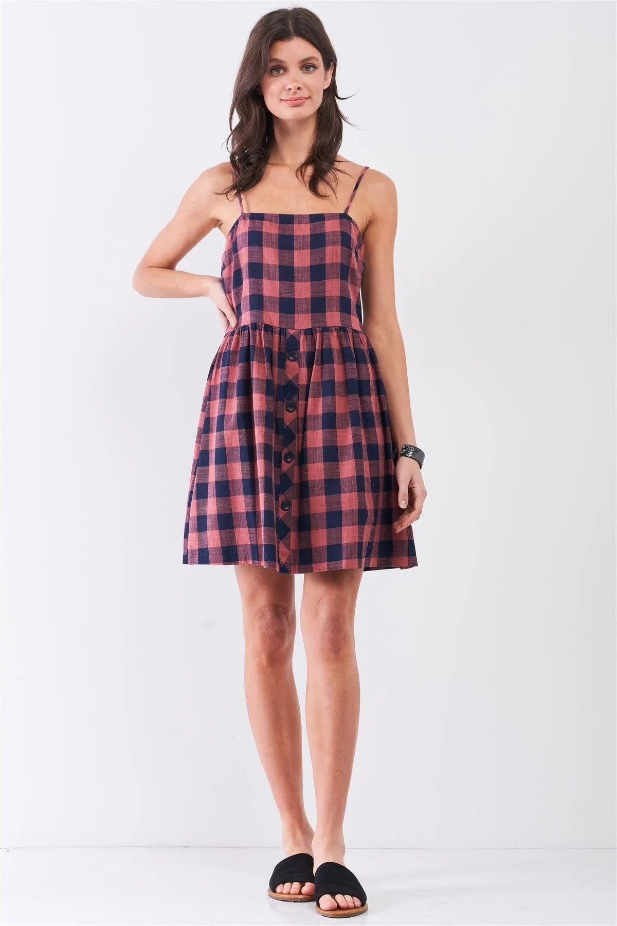 Buffalo Plaid Square Neck Button Down Mini Dress - Tasha Apparel Wholesale
