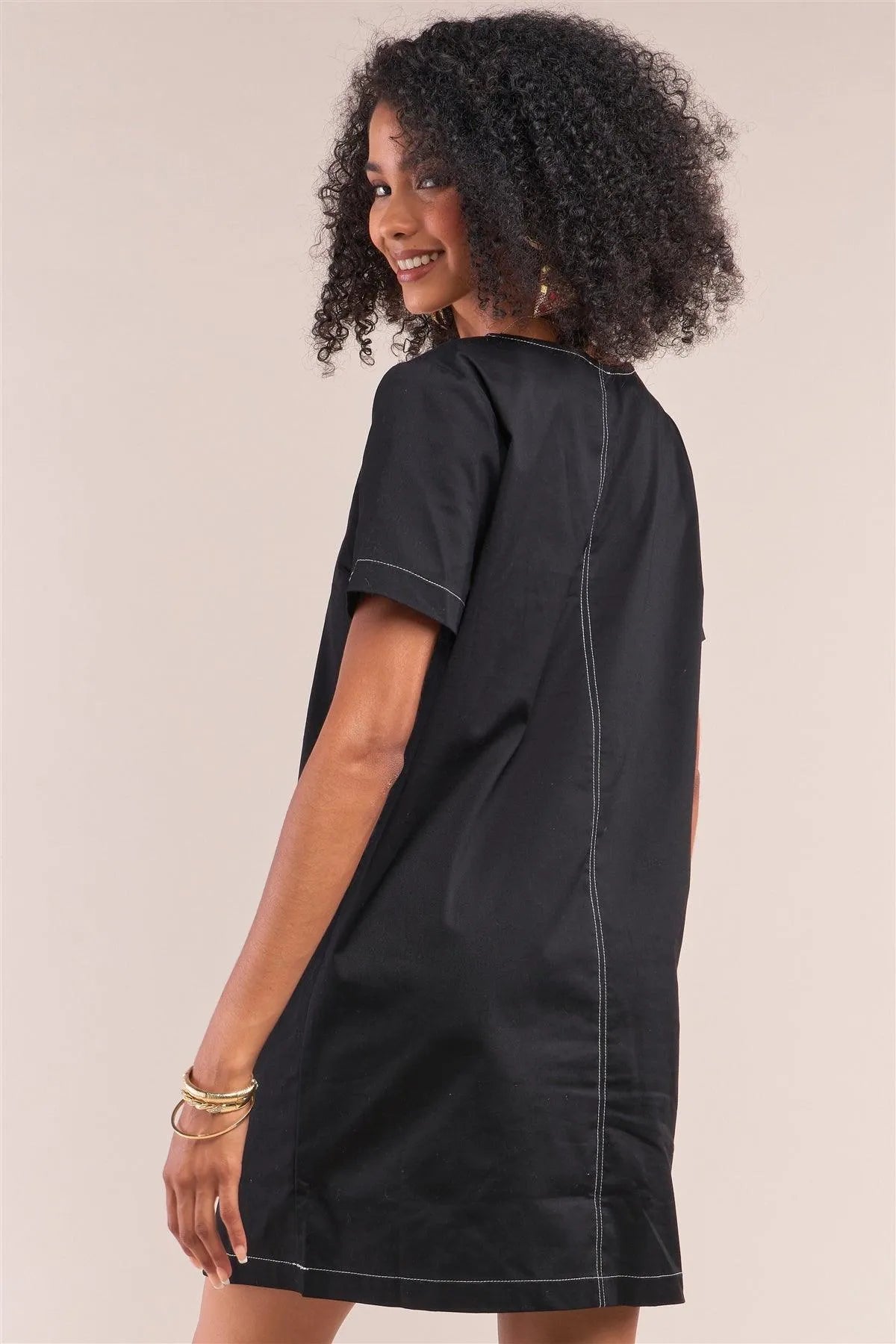 Black Short Sleeve Crew Neck Front Pocket Shift Mini Dress /1-2-2-1 - Tasha Apparel Wholesale