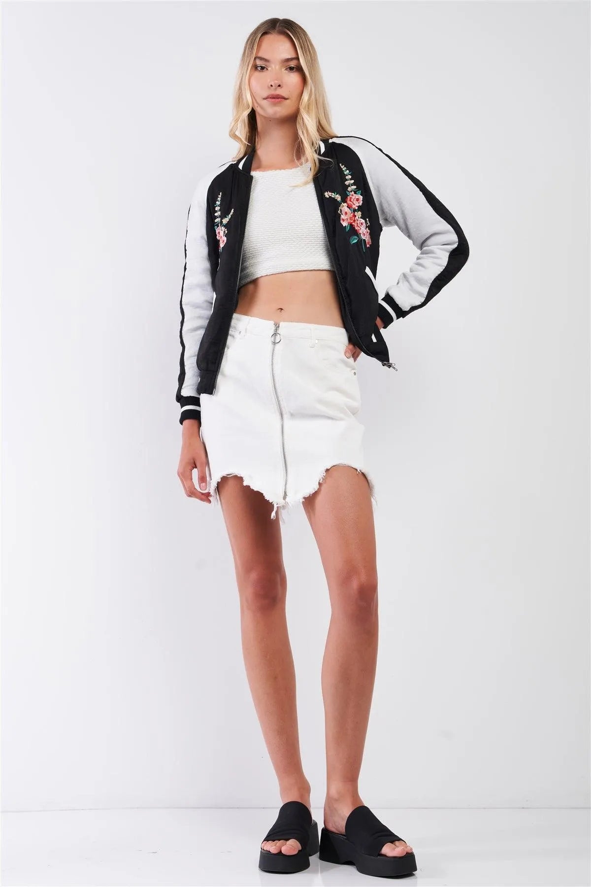 Zarina Vintage Black & White Floral Embroidery Trim Bomber Jacket /1-2-1-2 - Tasha Apparel Wholesale
