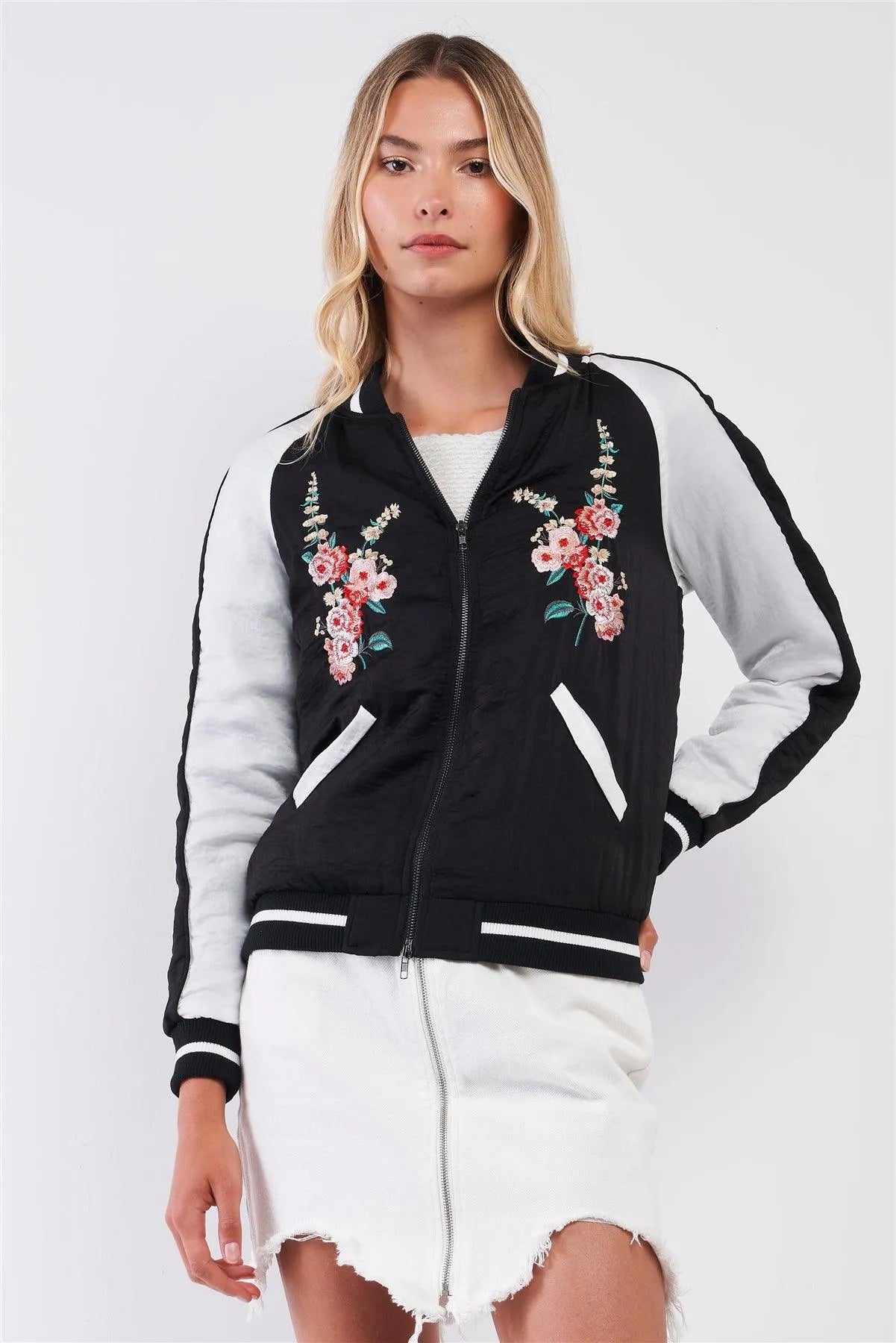 Zarina Vintage Black & White Floral Embroidery Trim Bomber Jacket /2-1-2-1 - Tasha Apparel Wholesale