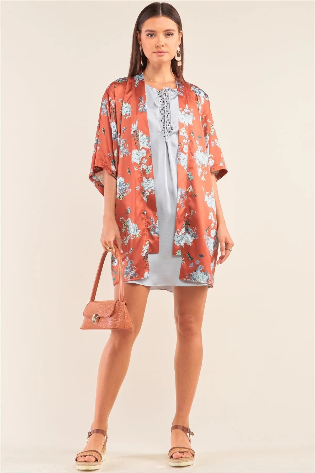 Orange Multicolor Satin Floral Open Front Dolman Sleeve Kimono /2-2 - Tasha Apparel Wholesale
