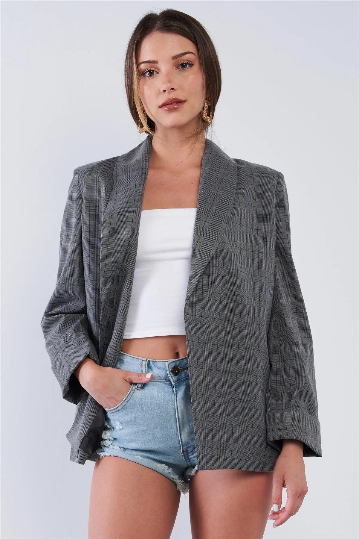 Grey Checkered Print Relaxed Fit Boyfriend Casual Blazer Jacket - Tasha Apparel Wholesale