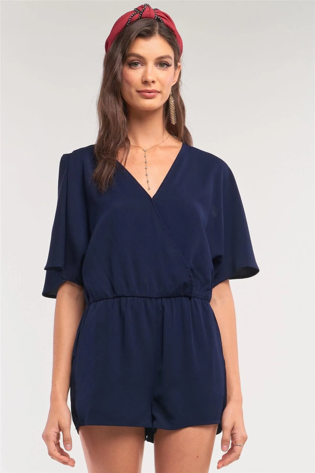 Navy V-Neck Wrap Self-Tie Back Flare Two Side Slip Sleeve Romper /1-2-2-1 - Tasha Apparel Wholesale