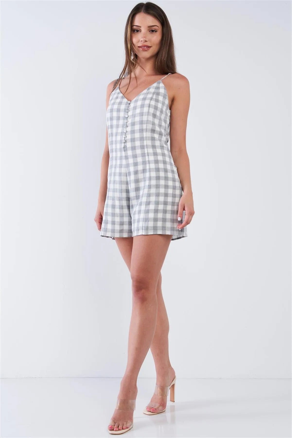 White and Grey Checkered V-Neck Sleeveless Midway Button Down Romper /1-2-2-1 - Tasha Apparel Wholesale