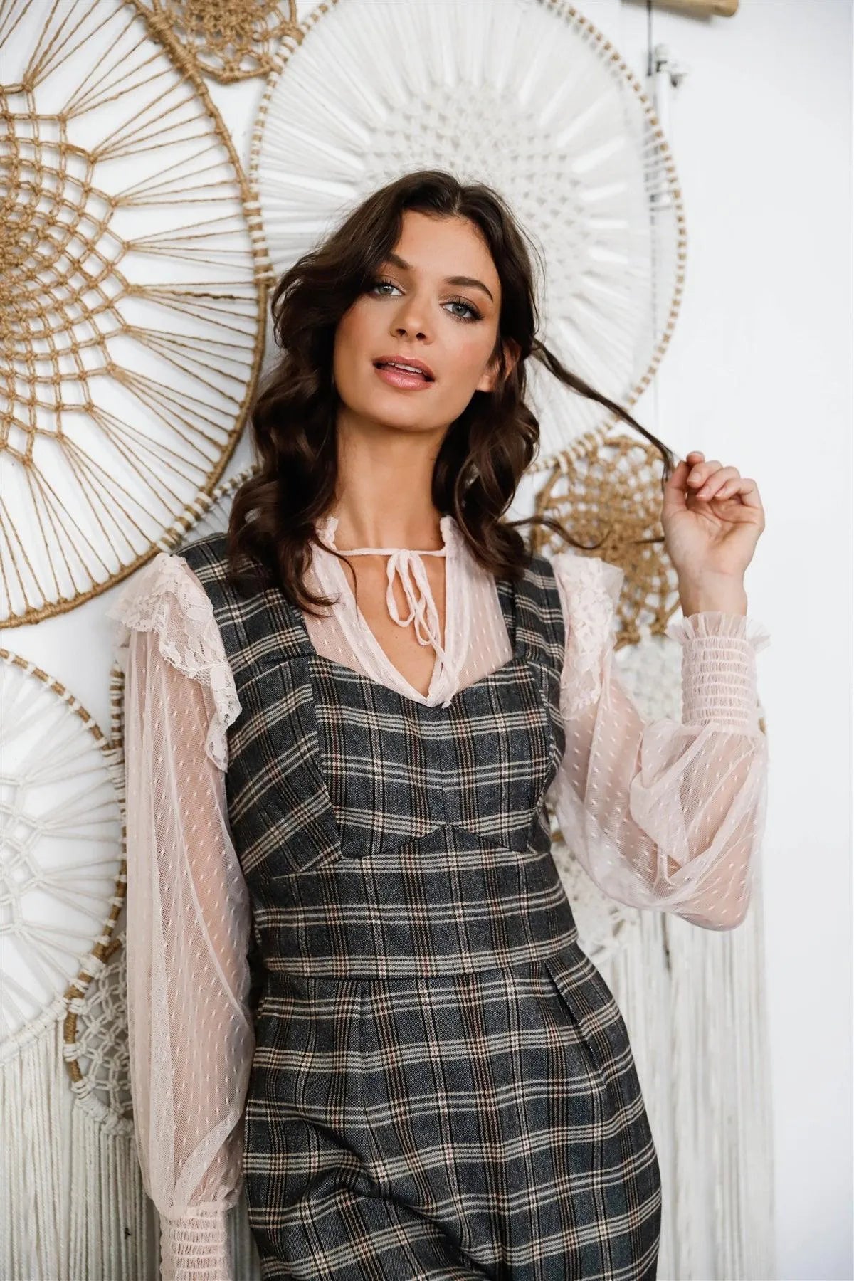 Black Multi Color Plaid Double Strap Bustier Jumpsuit /1-2-2-1 - Tasha Apparel Wholesale