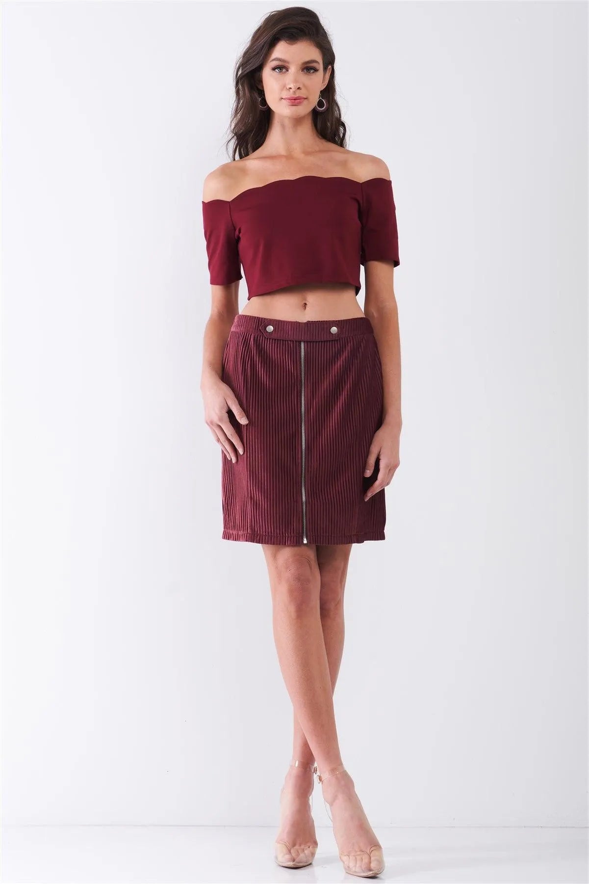 Burgundy Scallop Hem Off-The-Shoulder Short Sleeve Cropped Top /1-1-2-1 - Tasha Apparel Wholesale